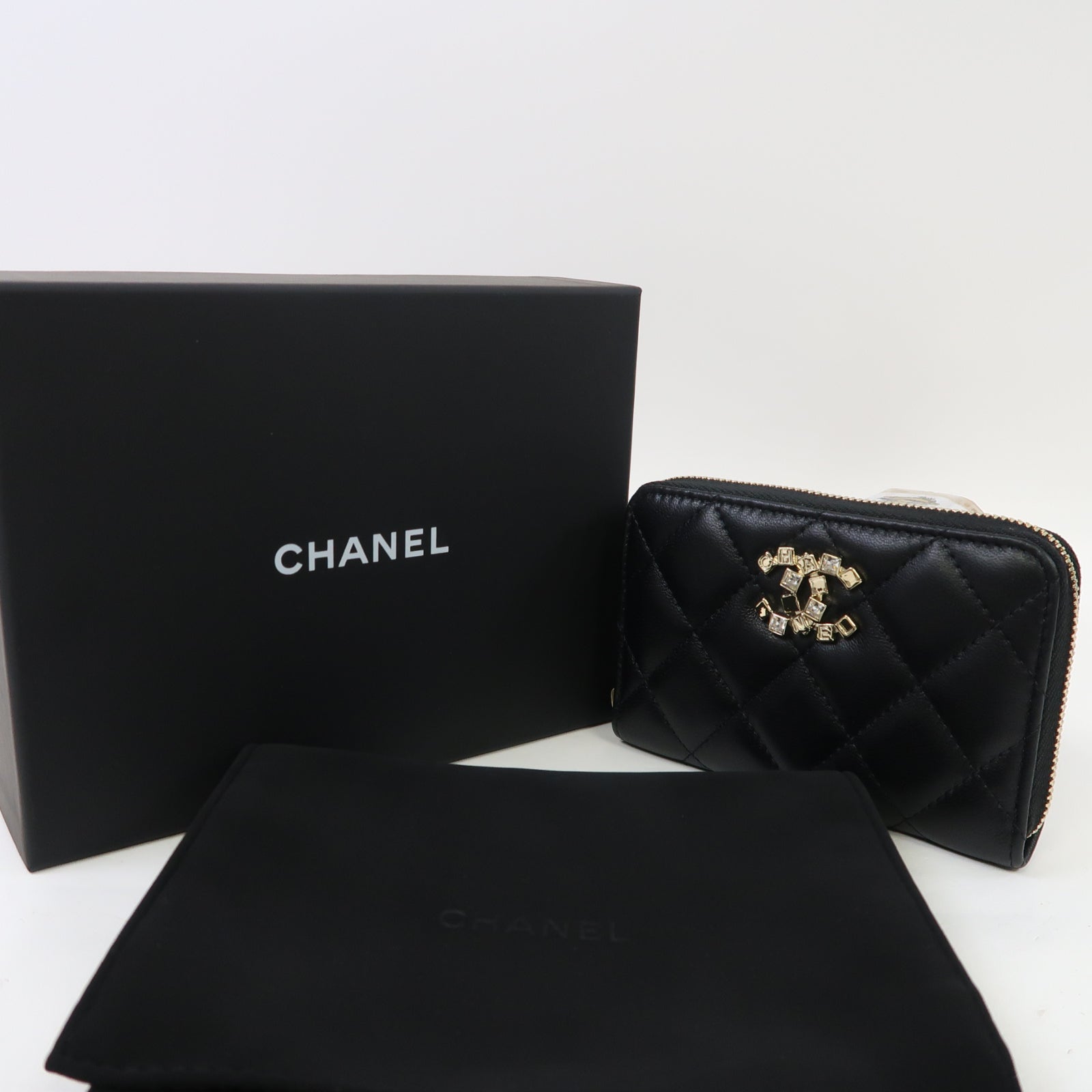 CHANEL 菱格羊皮皮革Card Case金扣卡片套黑色