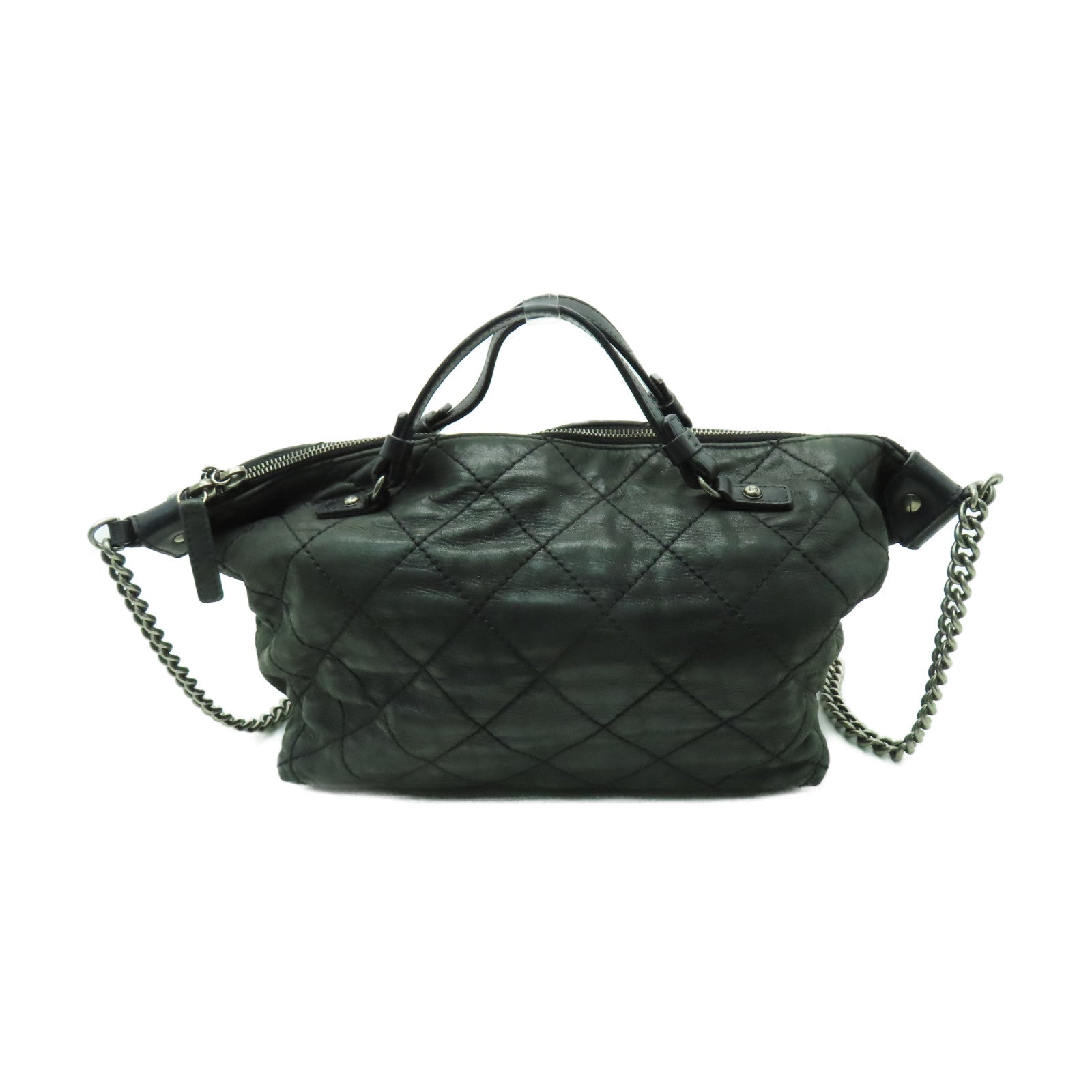 CHANEL 【激減優惠】菱格皮革2 Way Chain Shoulder銀扣手挽肩背兩用袋灰色