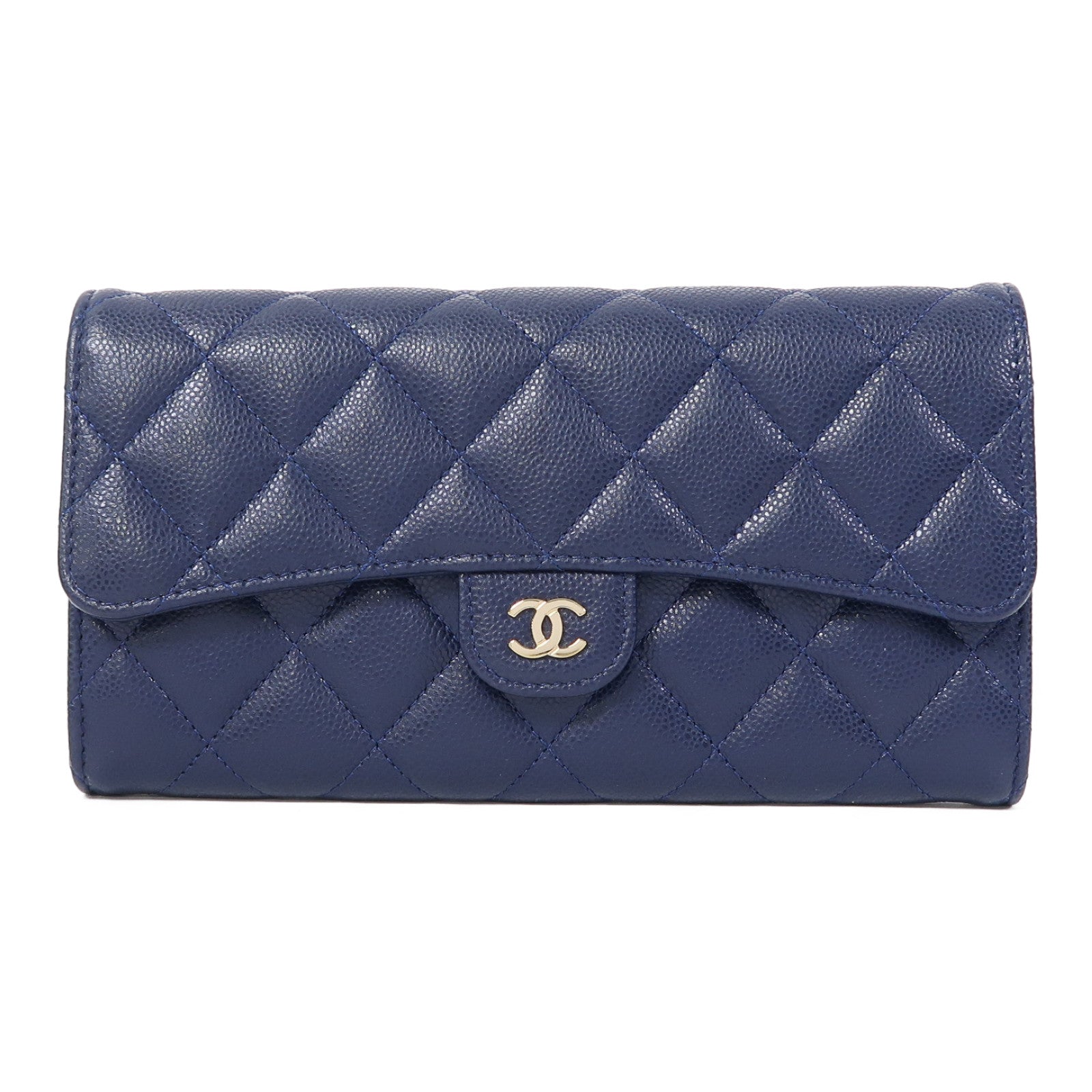 CHANEL 菱格牛皮皮革Long Wallet金扣長錢包藍色