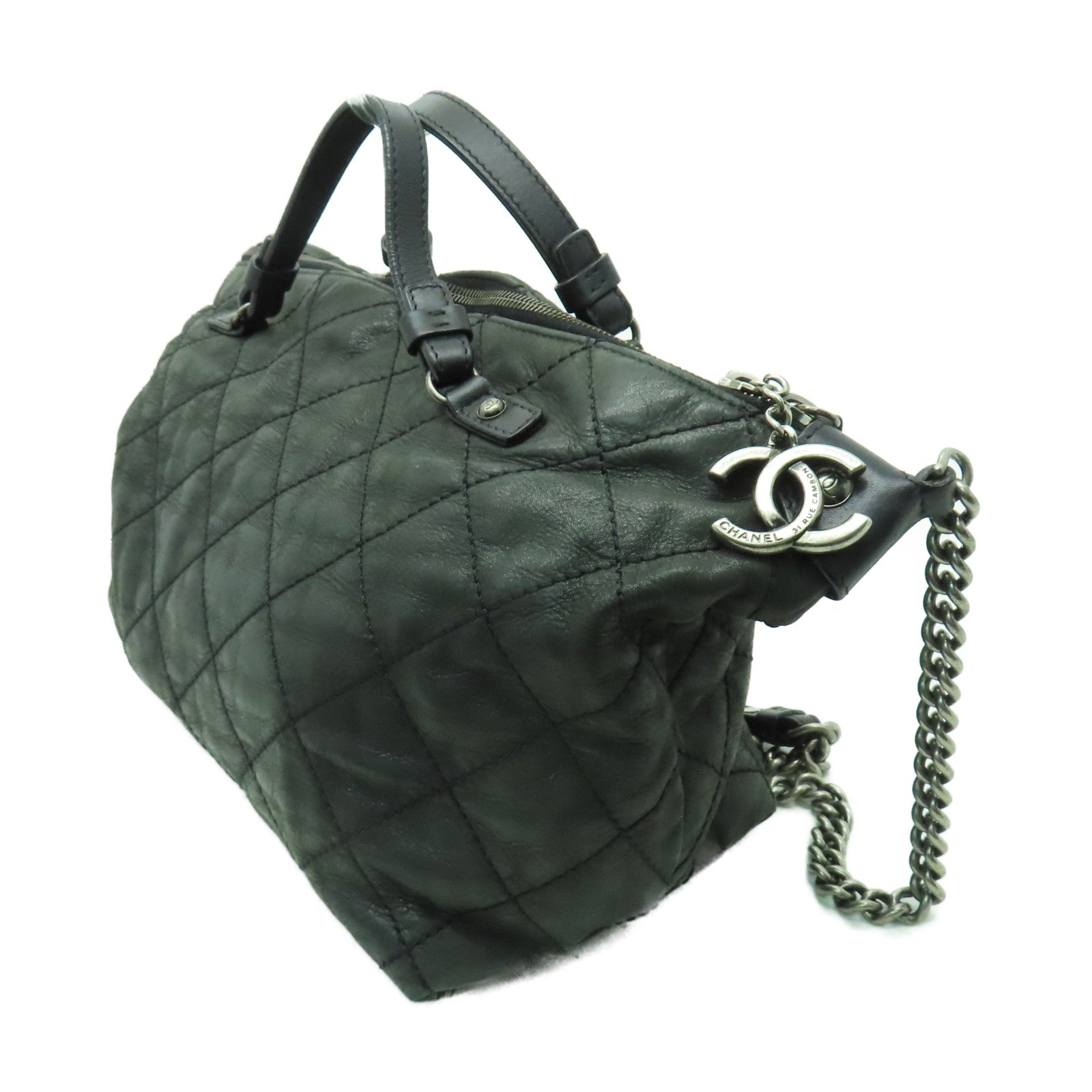 CHANEL 【激減優惠】菱格皮革2 Way Chain Shoulder銀扣手挽肩背兩用袋灰色
