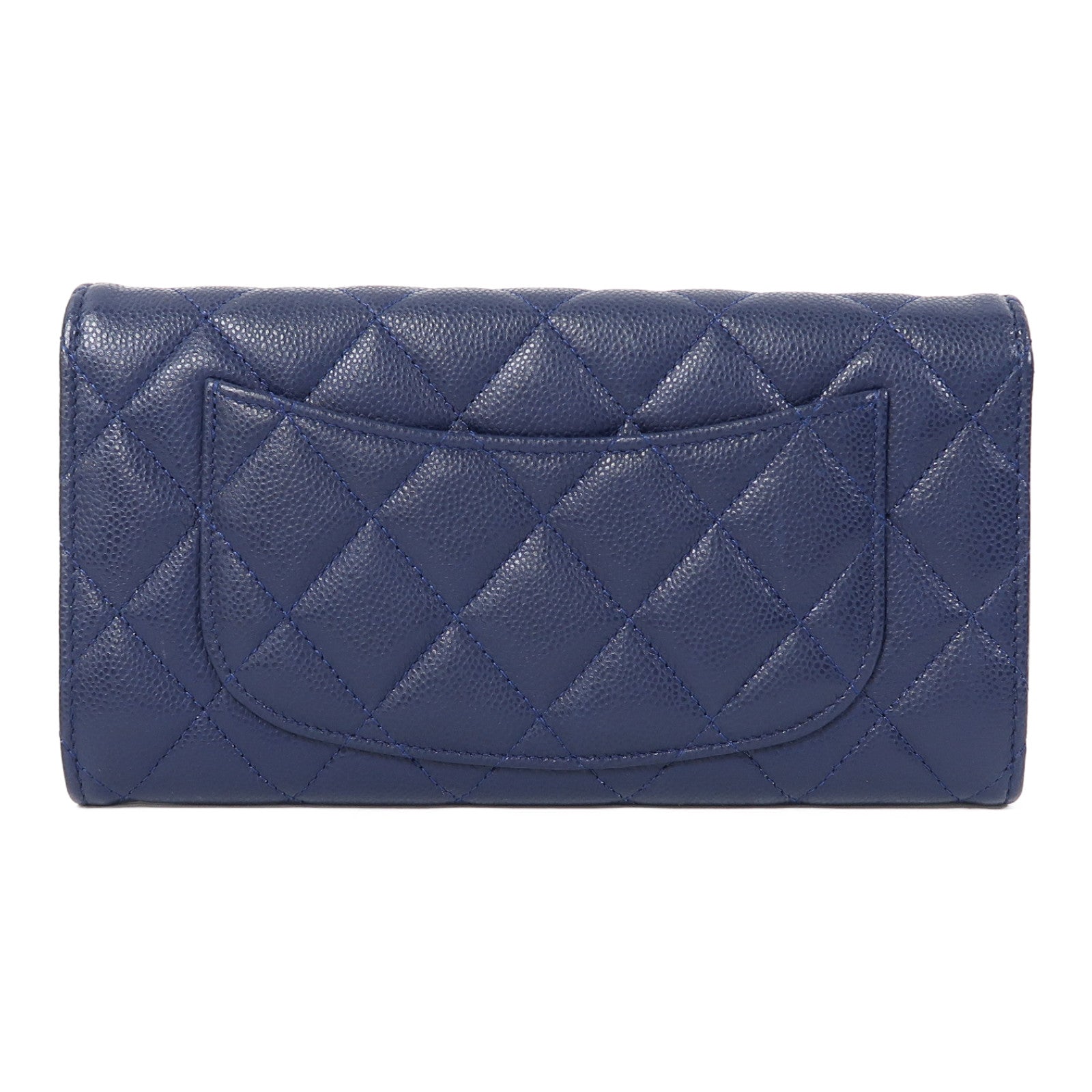 CHANEL 菱格牛皮皮革Long Wallet金扣長錢包藍色