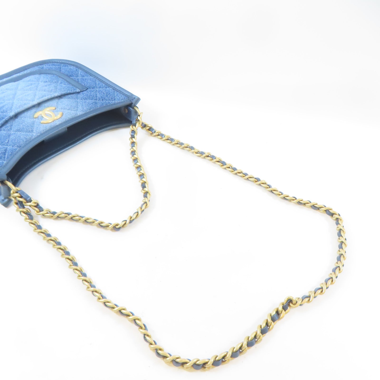 CHANEL 牛仔布料Hobo Bag金扣手挽肩背兩用袋藍色
