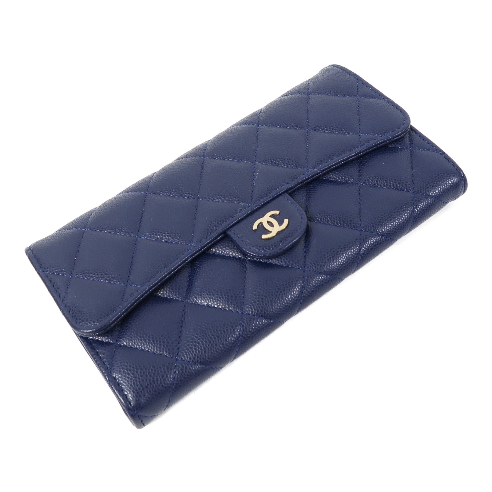 CHANEL 菱格牛皮皮革Long Wallet金扣長錢包藍色