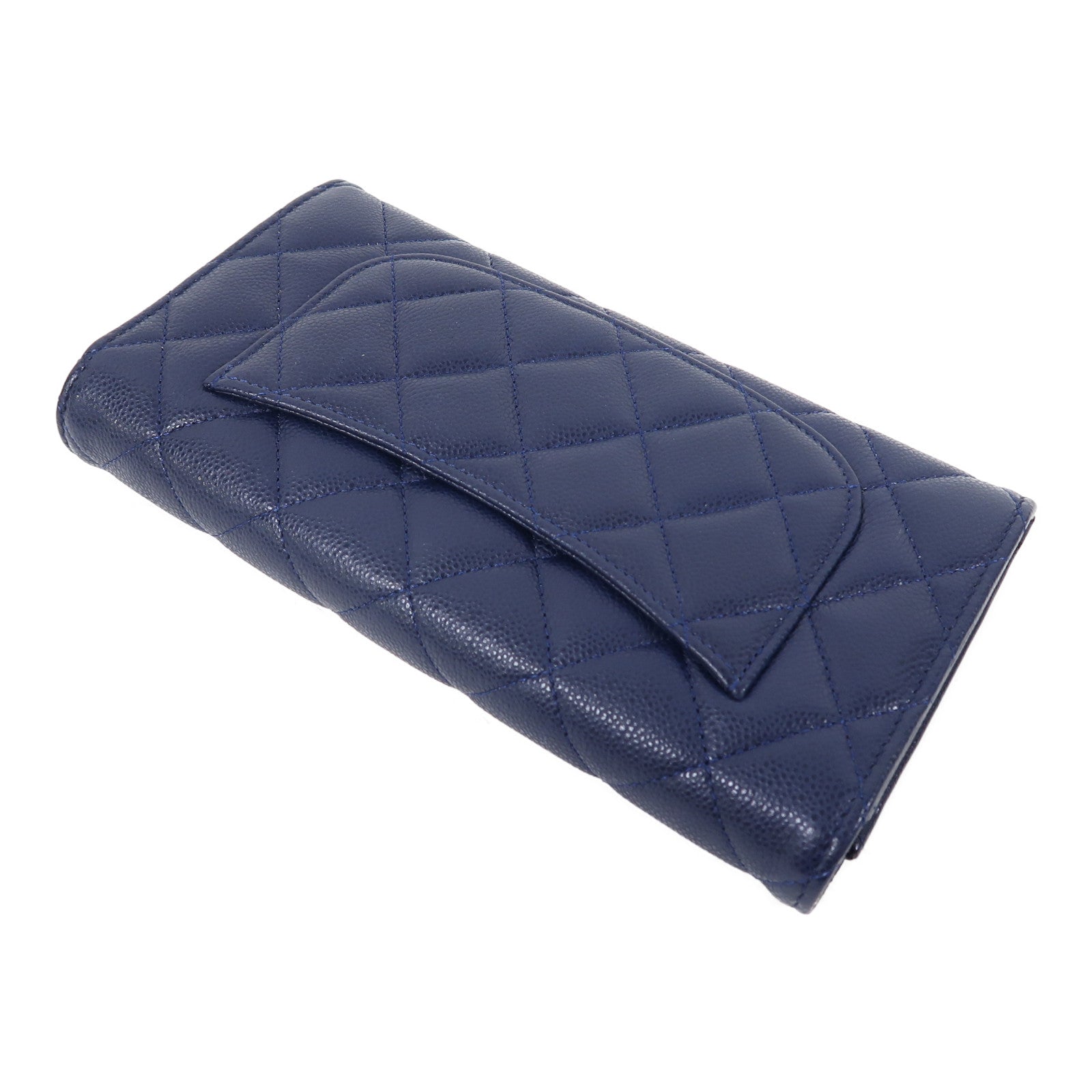 CHANEL 菱格牛皮皮革Long Wallet金扣長錢包藍色