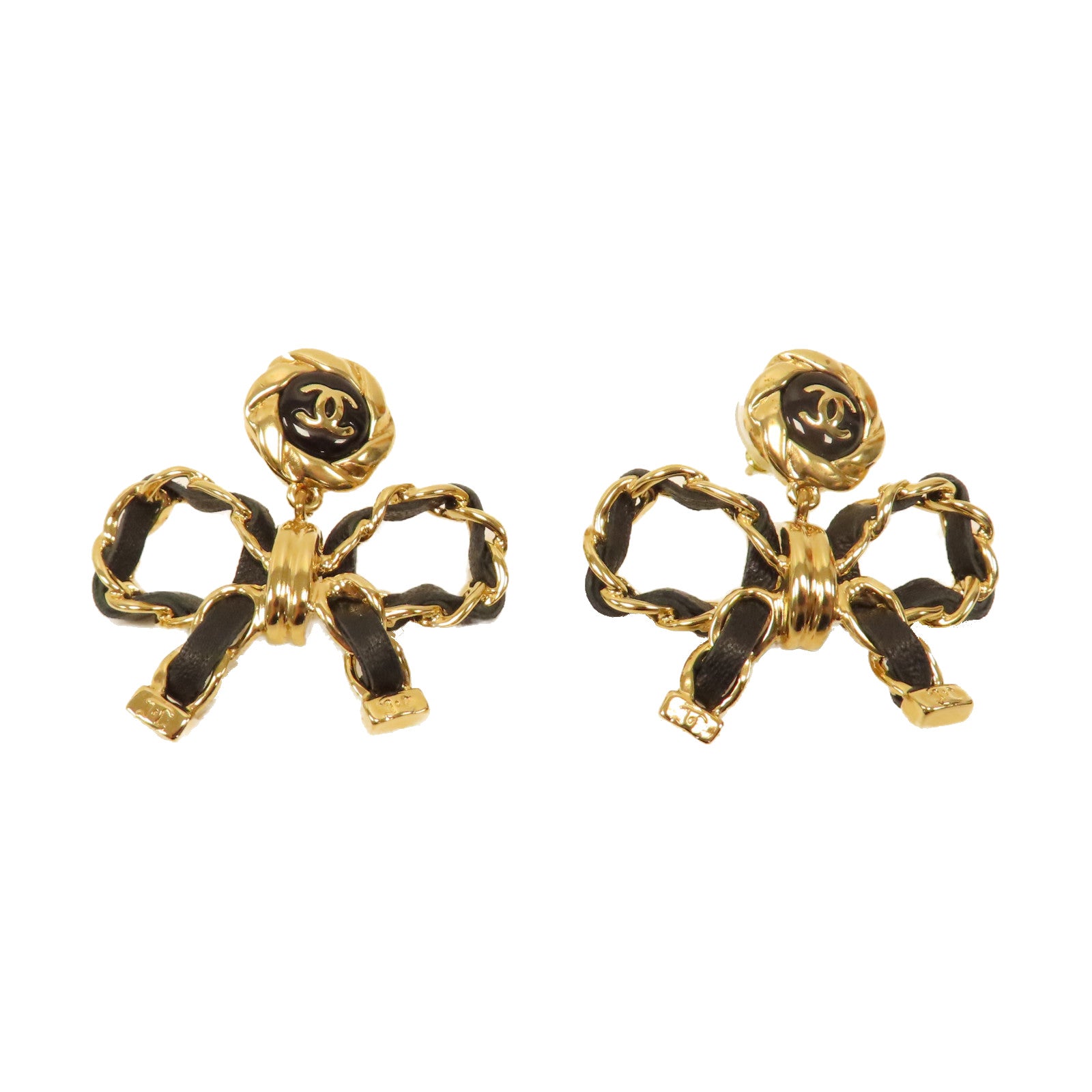 CHANEL 金屬/皮革Leather Bow Earrings耳環黑色/金色