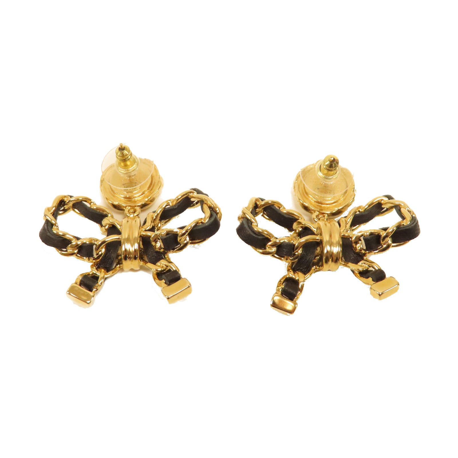CHANEL 金屬/皮革Leather Bow Earrings耳環黑色/金色