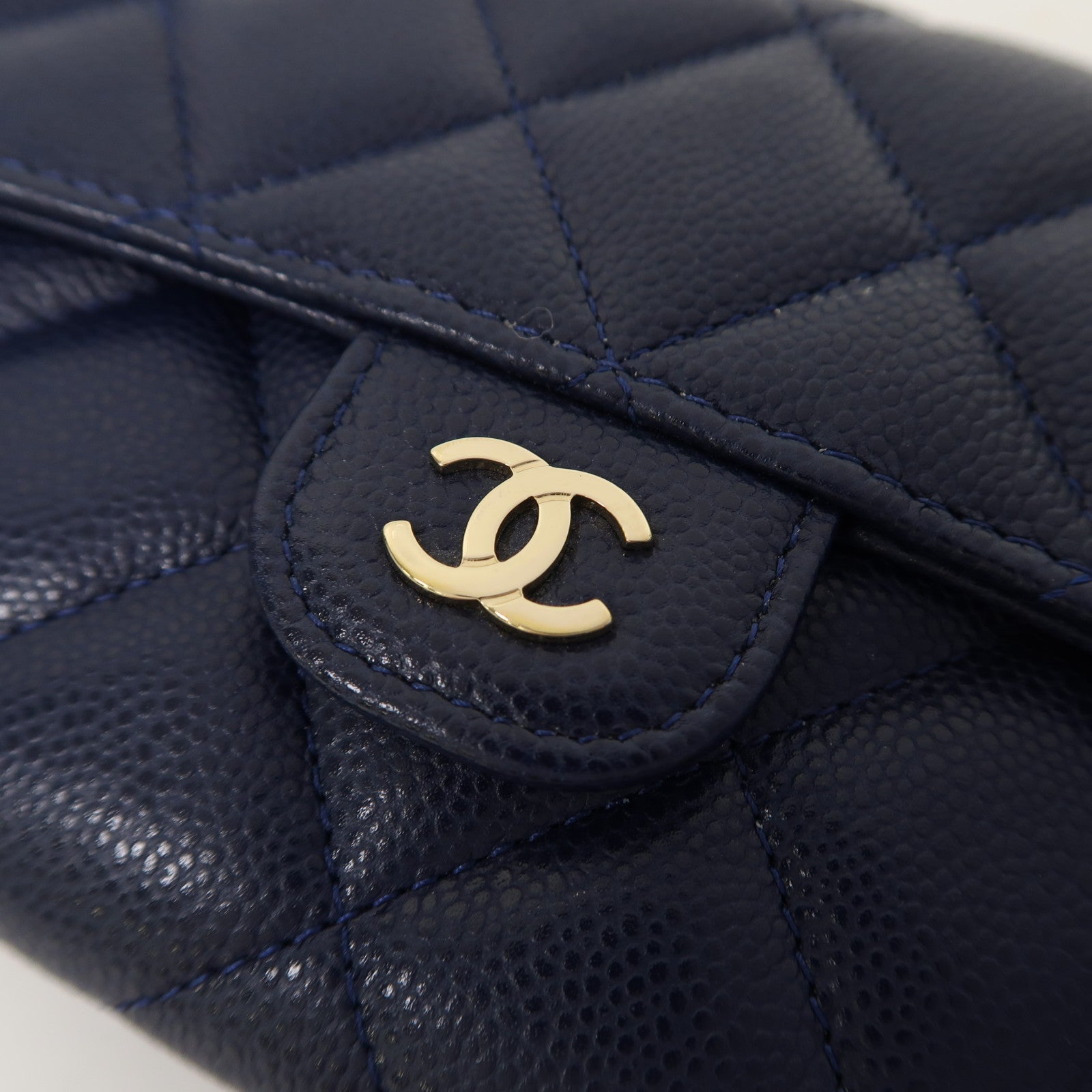 CHANEL 菱格牛皮皮革Long Wallet金扣長錢包藍色