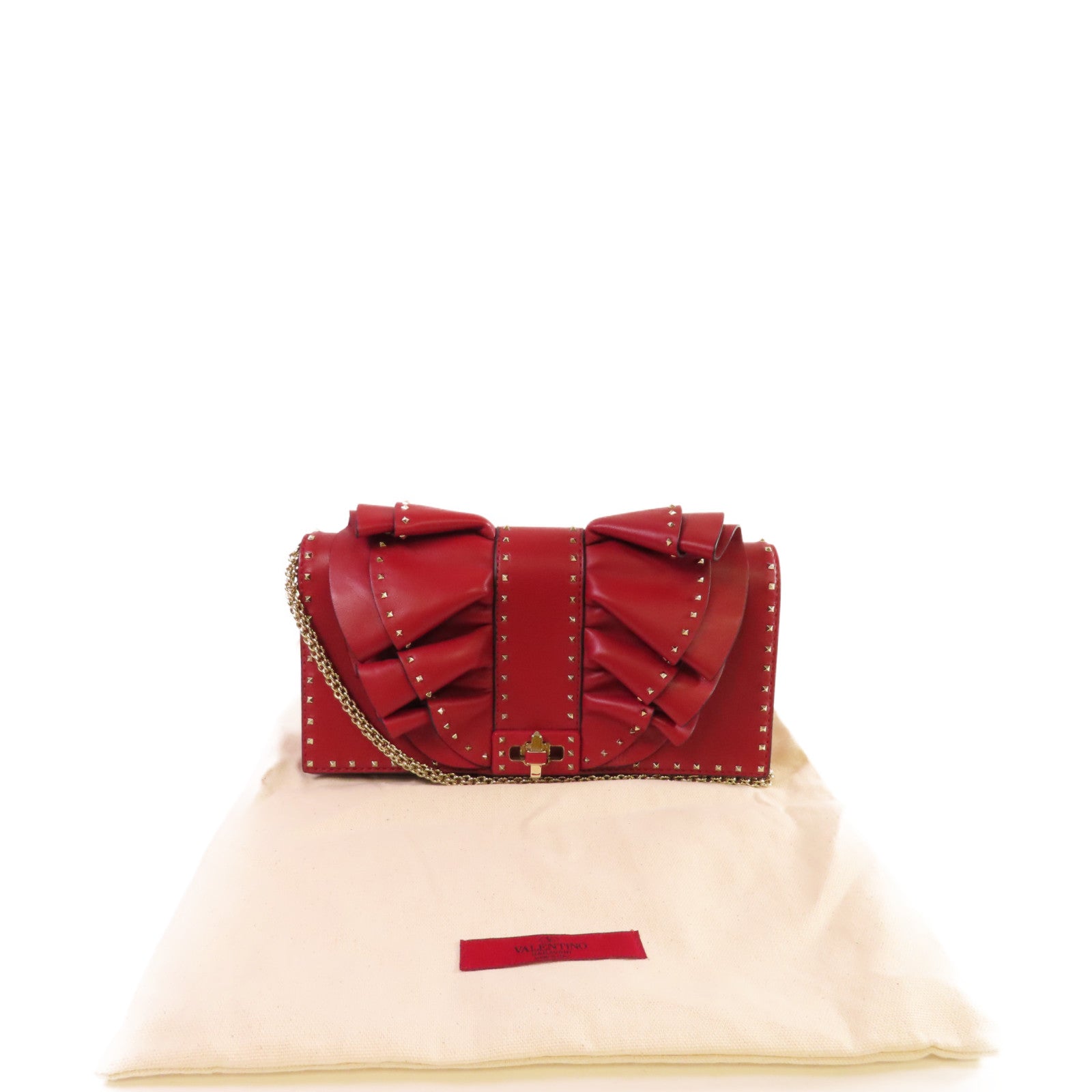 Valentino 牛皮皮革Mini Rockstud Chain Shoulder Bag金扣鏈帶肩背袋紅色
