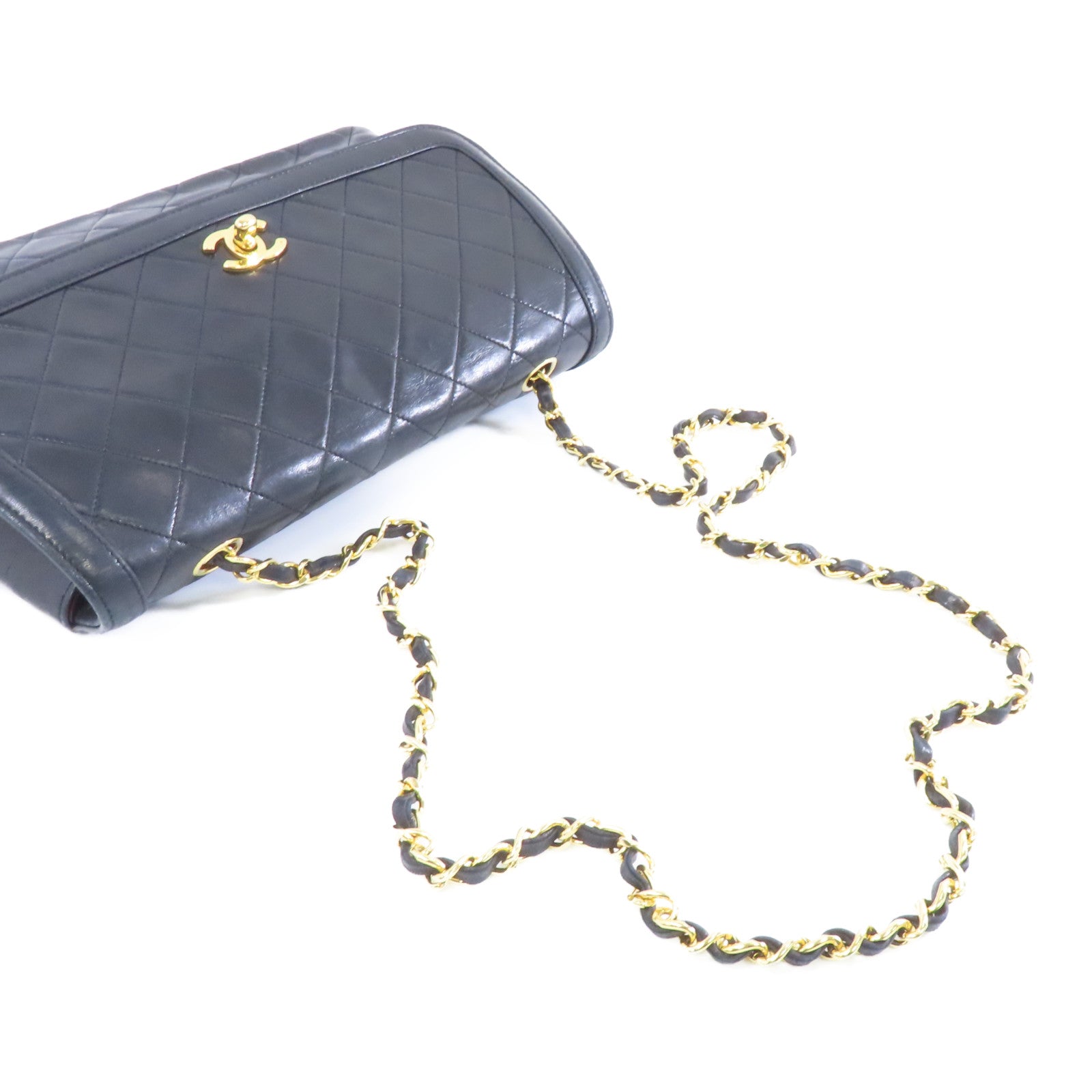 CHANEL 菱格羊皮皮革Chain Shoulder金扣鏈帶肩背袋黑色