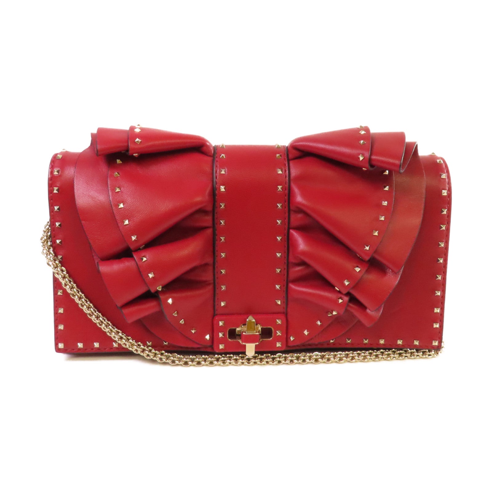 Valentino 牛皮皮革Mini Rockstud Chain Shoulder Bag金扣鏈帶肩背袋紅色