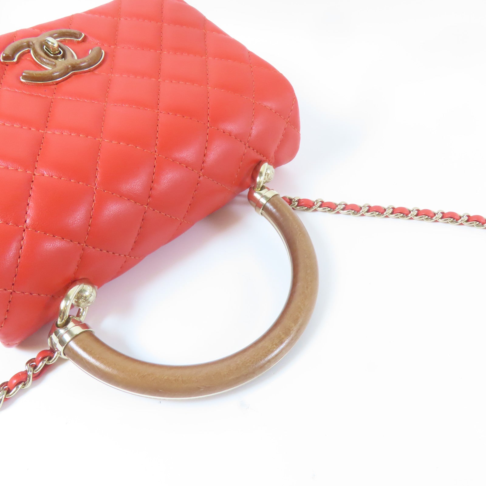 CHANEL 【激減優惠】菱格牛皮皮革Chain Shoulder金扣手挽肩背兩用袋紅色