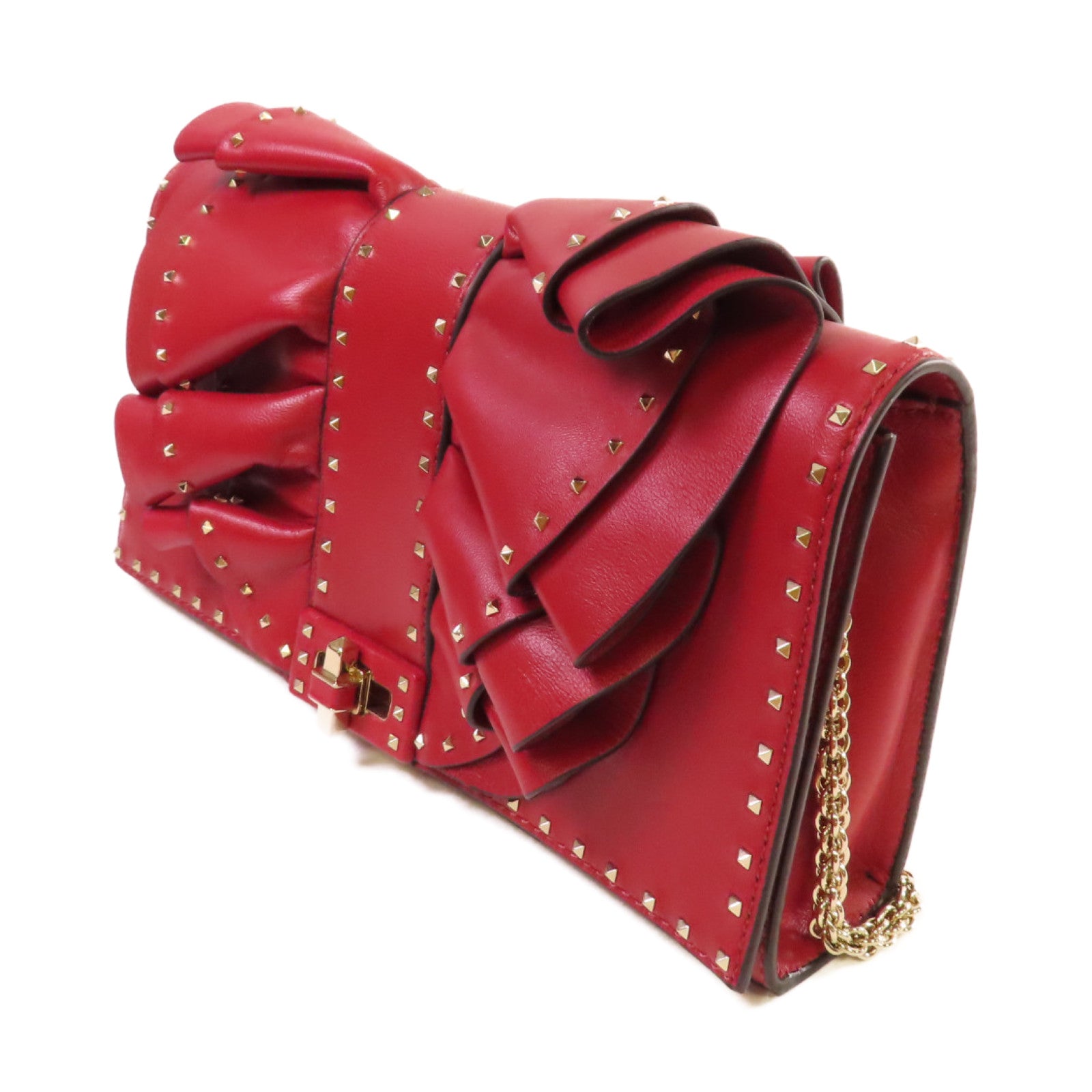 Valentino 牛皮皮革Mini Rockstud Chain Shoulder Bag金扣鏈帶肩背袋紅色