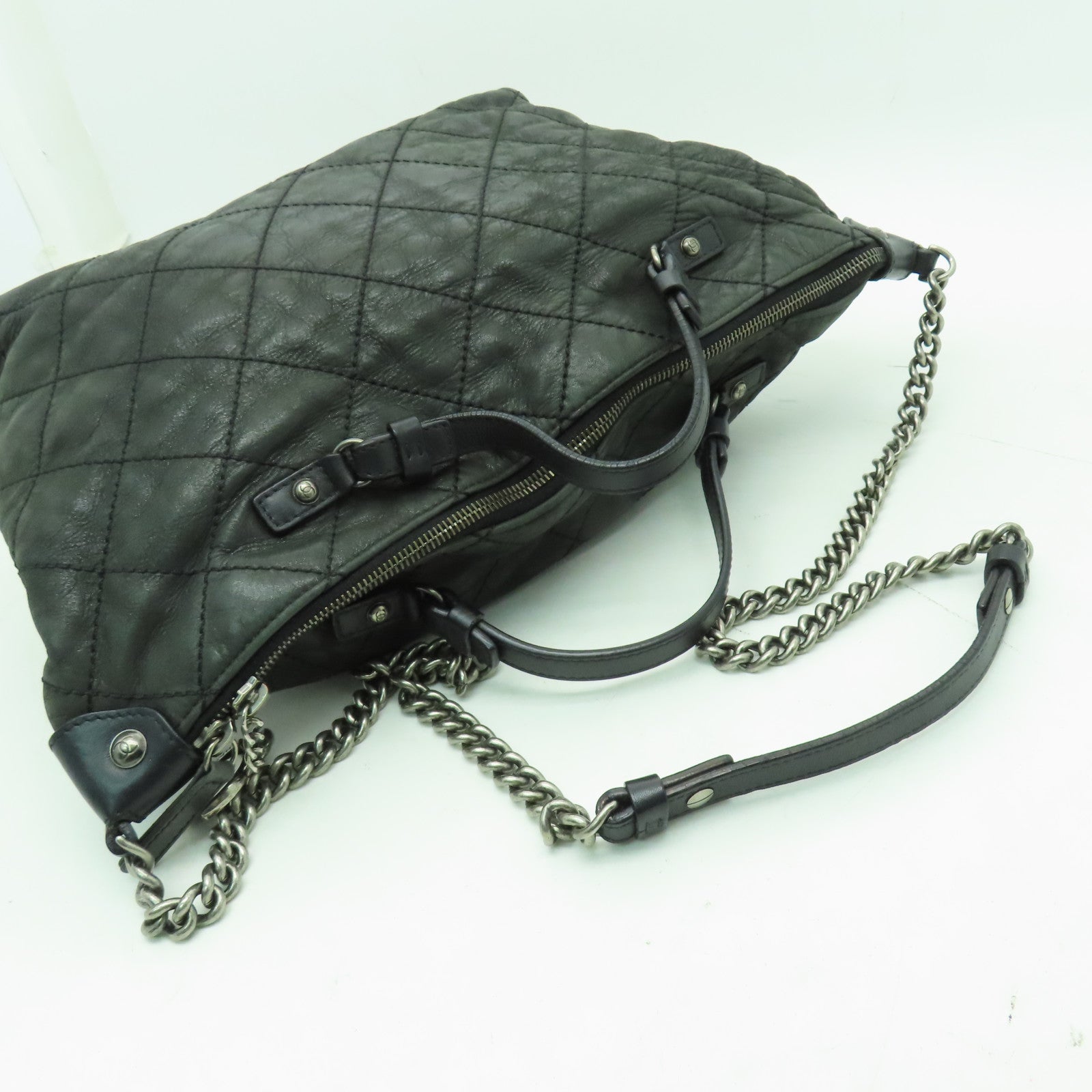 CHANEL 【激減優惠】菱格皮革2 Way Chain Shoulder銀扣手挽肩背兩用袋灰色