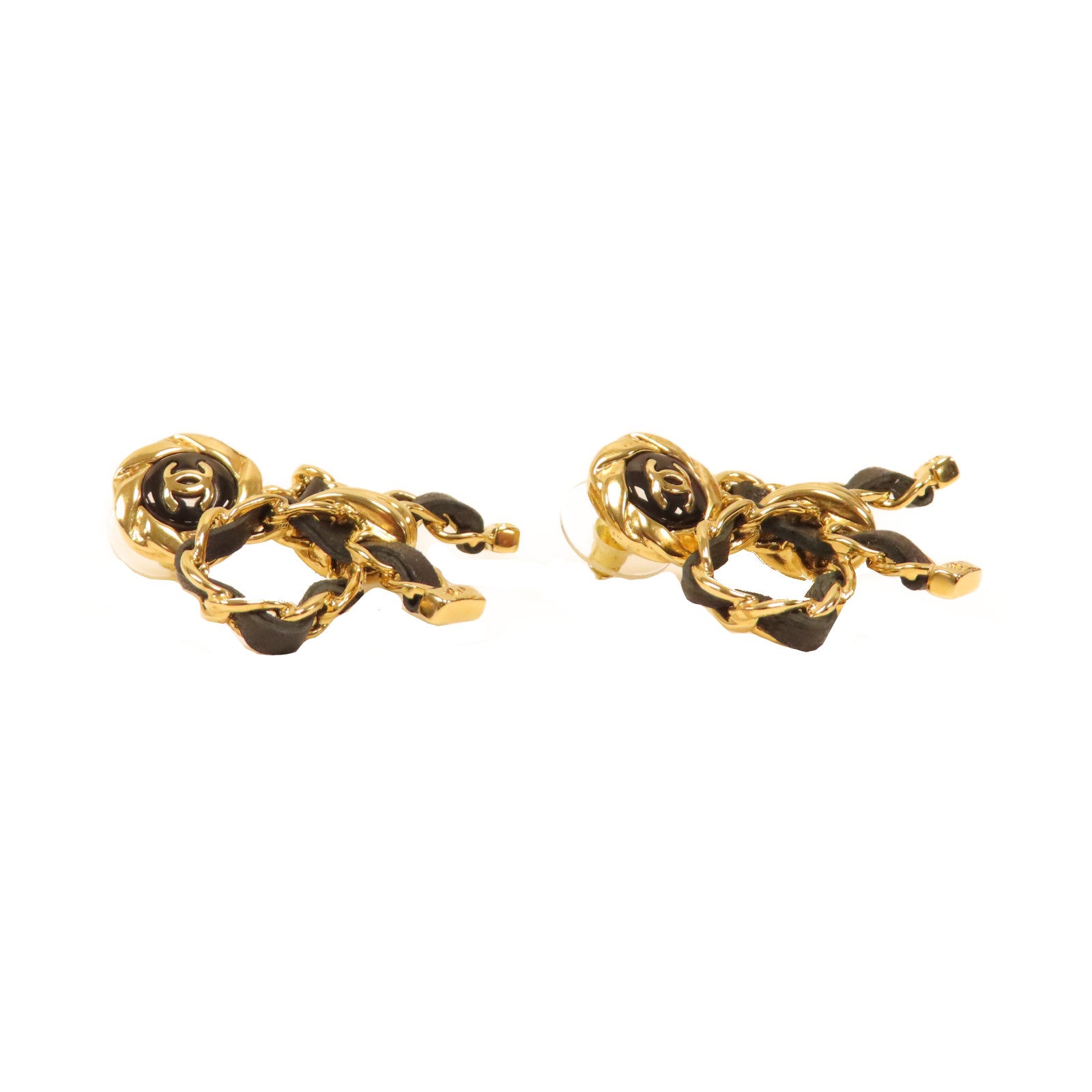 CHANEL 金屬/皮革Leather Bow Earrings耳環黑色/金色