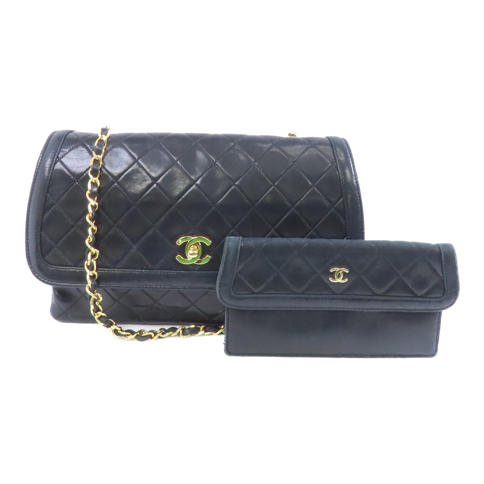 CHANEL 菱格羊皮皮革Chain Shoulder金扣鏈帶肩背袋黑色