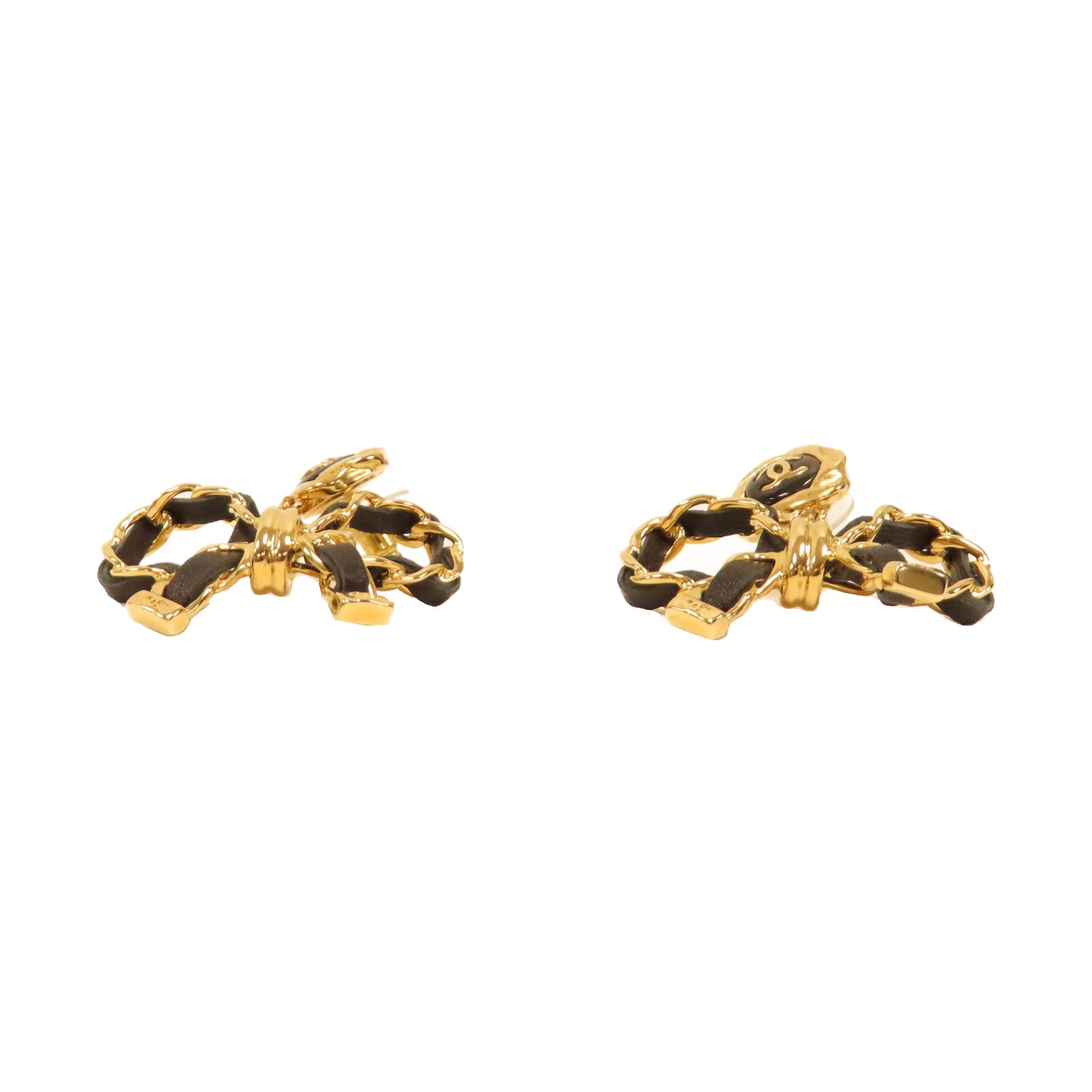 CHANEL 金屬/皮革Leather Bow Earrings耳環黑色/金色