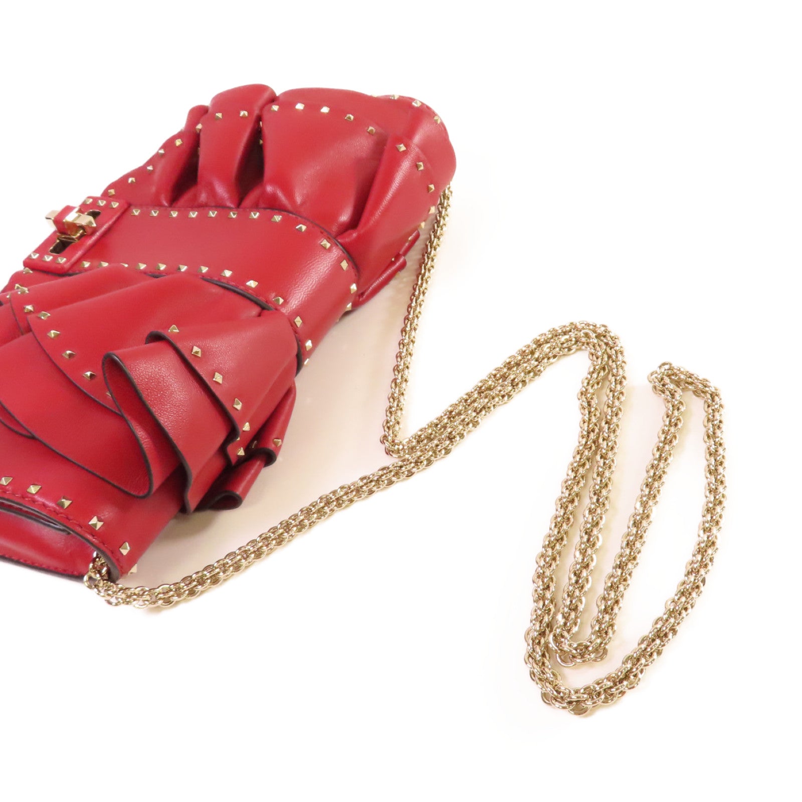 Valentino 牛皮皮革Mini Rockstud Chain Shoulder Bag金扣鏈帶肩背袋紅色