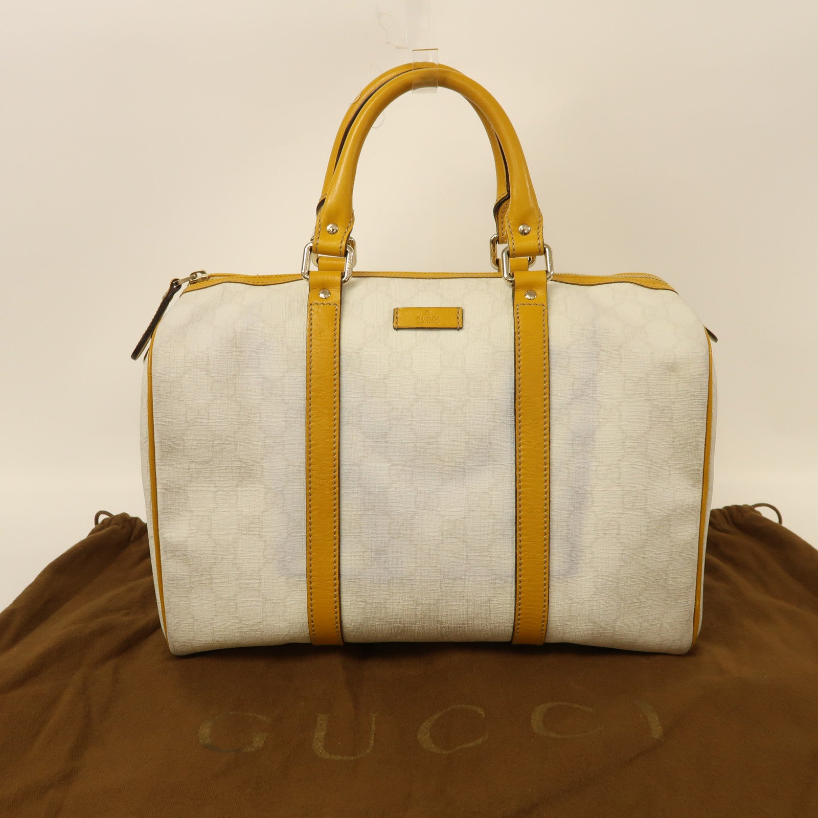 GUCCI 塗層帆布Boston Bag金扣手挽袋白色/黃色