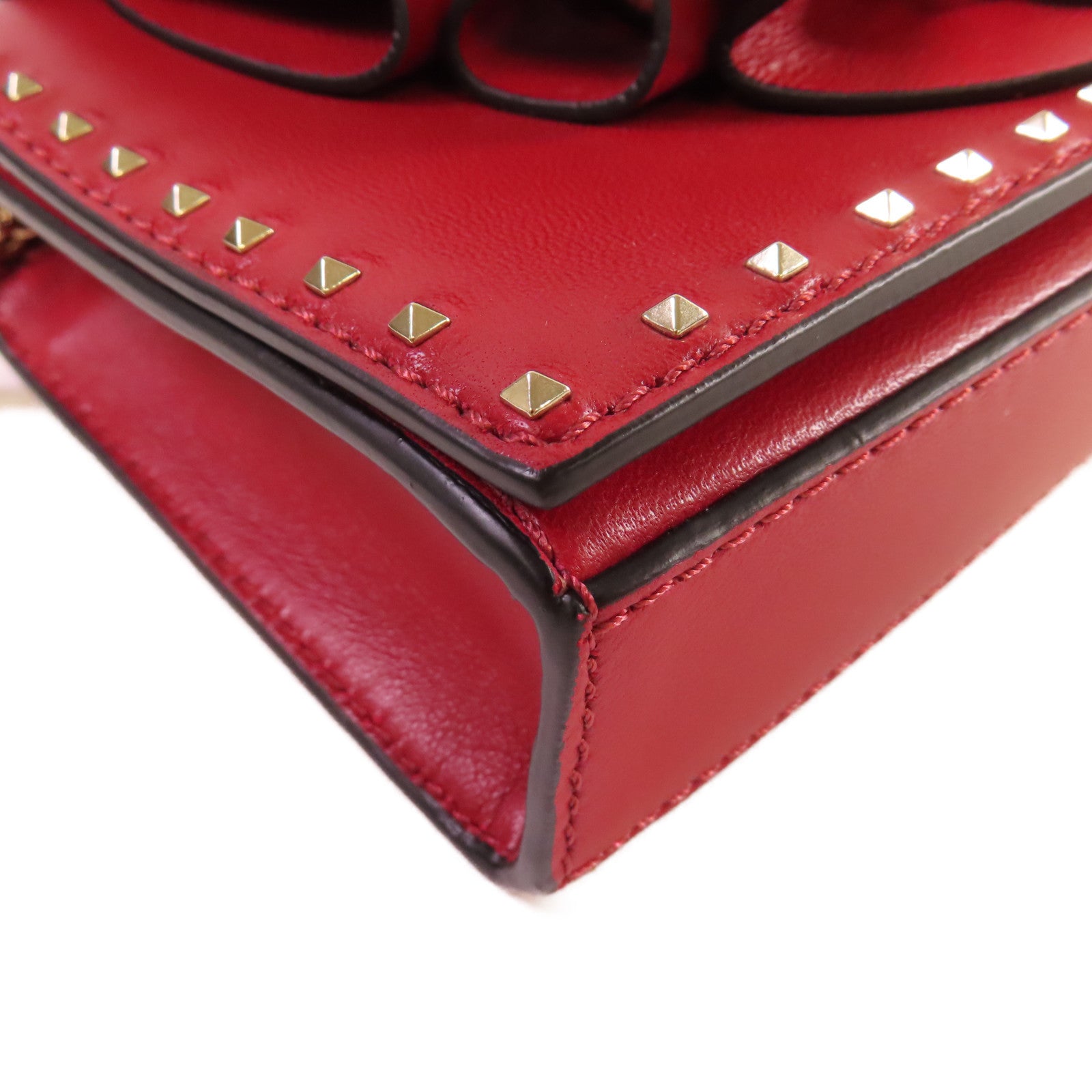 Valentino 牛皮皮革Mini Rockstud Chain Shoulder Bag金扣鏈帶肩背袋紅色