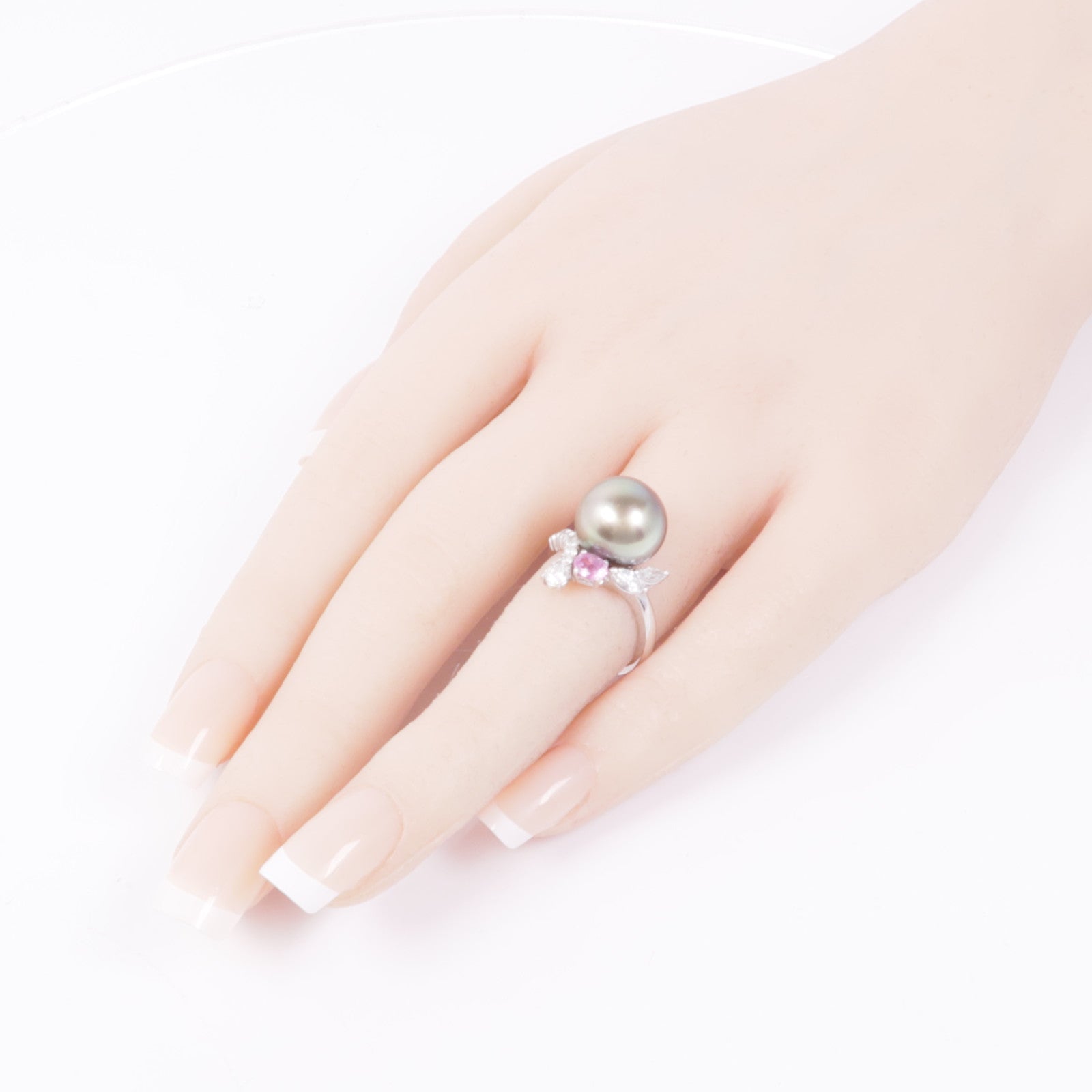 JEWELRY 18K白金Pearl/Diamond/Pink Sapphire Ring珍珠/鑽石/粉紅色藍寶石戒指#5.5