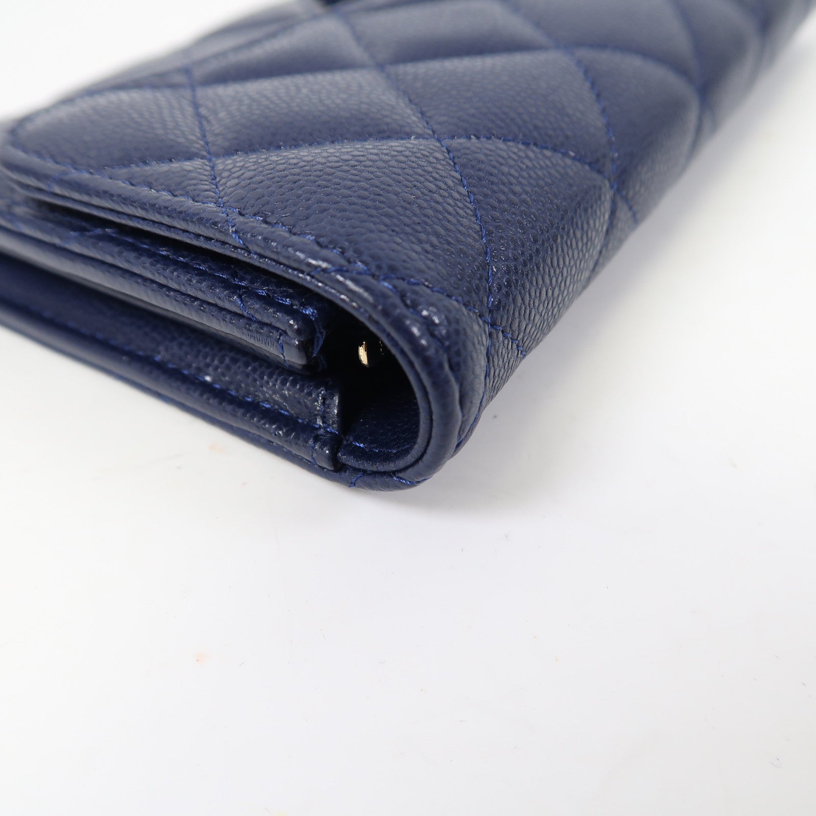 CHANEL 菱格牛皮皮革Long Wallet金扣長錢包藍色