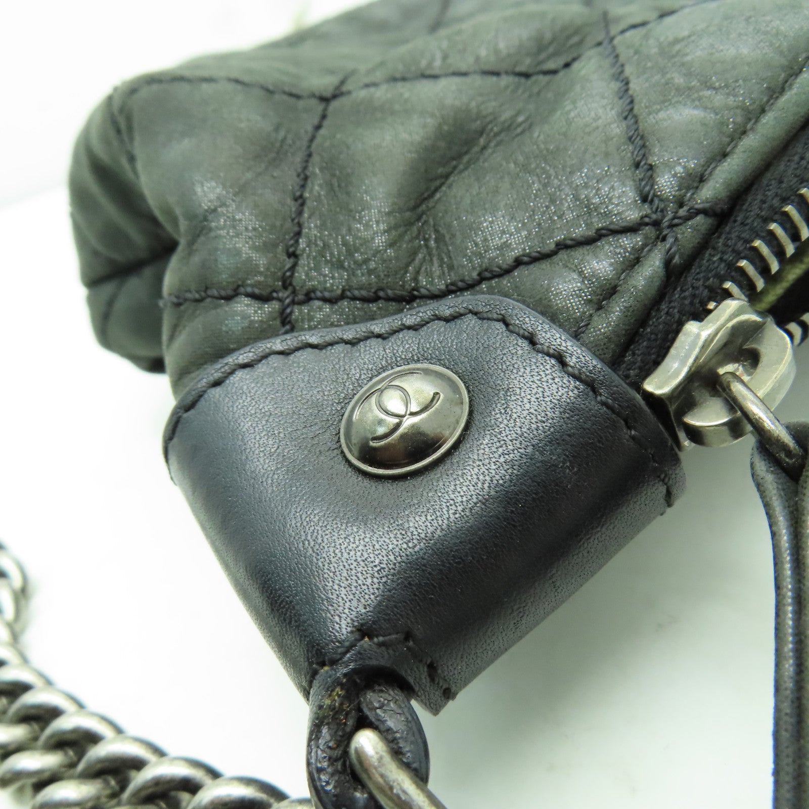 CHANEL 【激減優惠】菱格皮革2 Way Chain Shoulder銀扣手挽肩背兩用袋灰色
