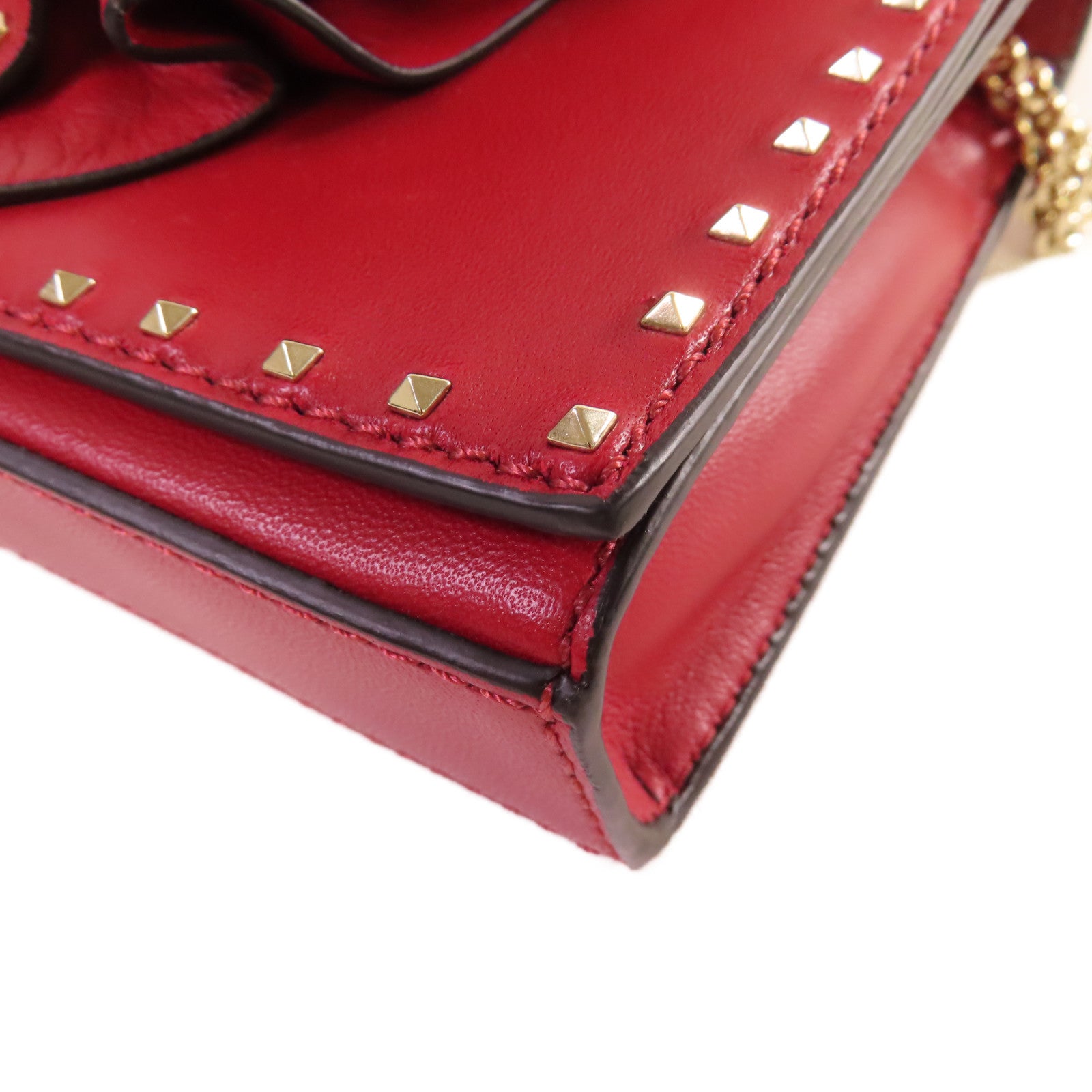 Valentino 牛皮皮革Mini Rockstud Chain Shoulder Bag金扣鏈帶肩背袋紅色