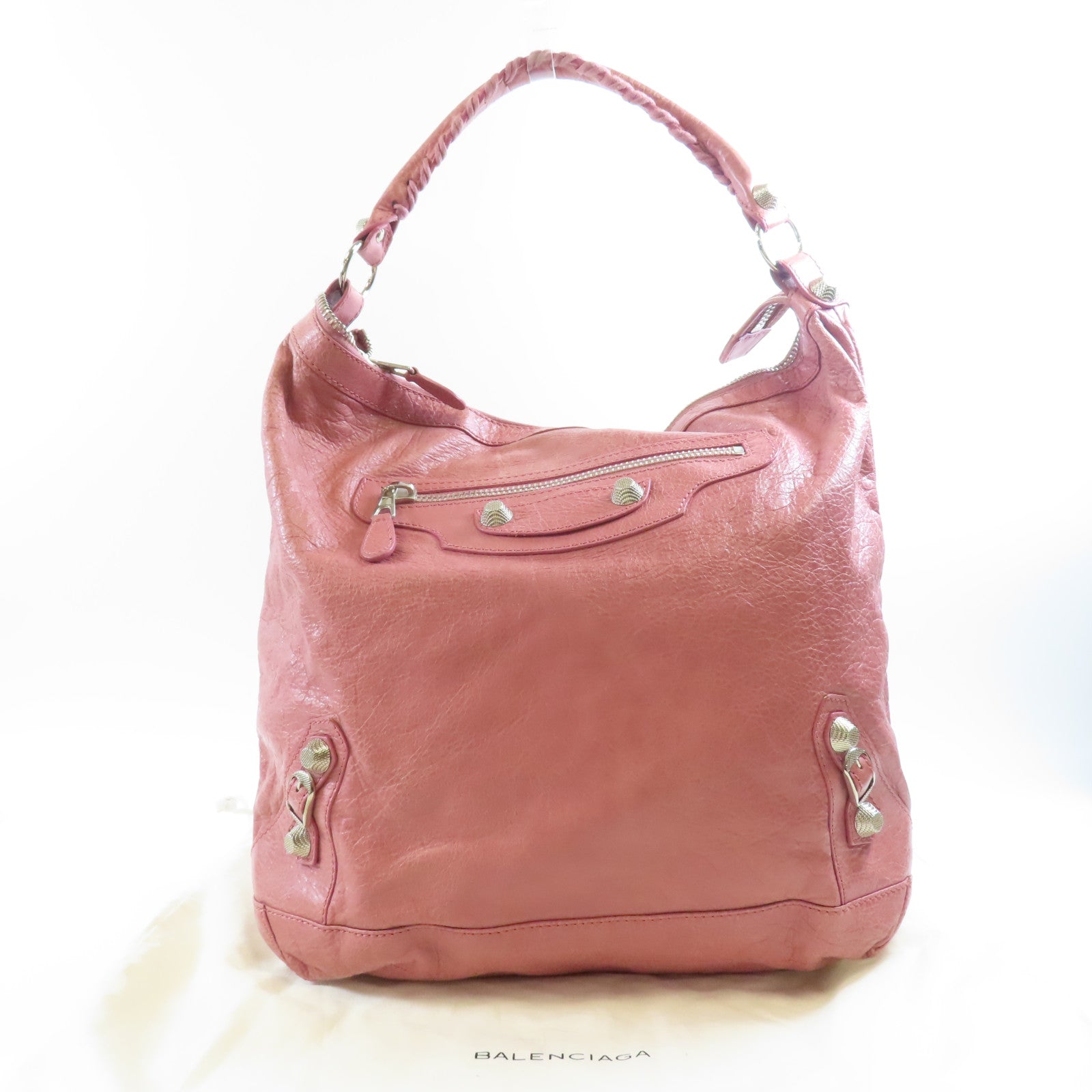 BALENCIAGA 牛皮皮革Bucket銀扣肩背袋粉紅色