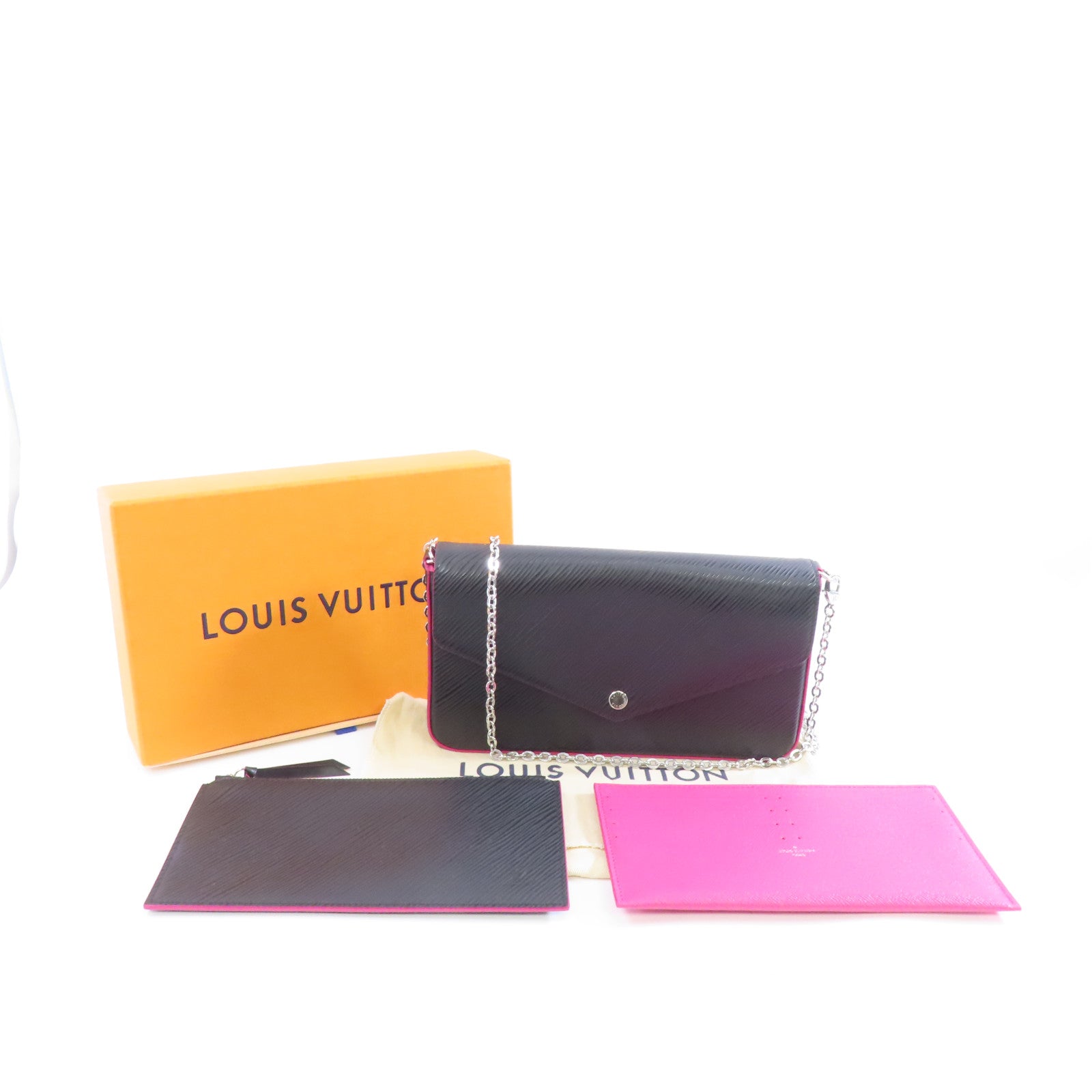 LOUIS VUITTON Epi Pochette Felicie銀扣鏈帶肩背袋黑色/粉紅色