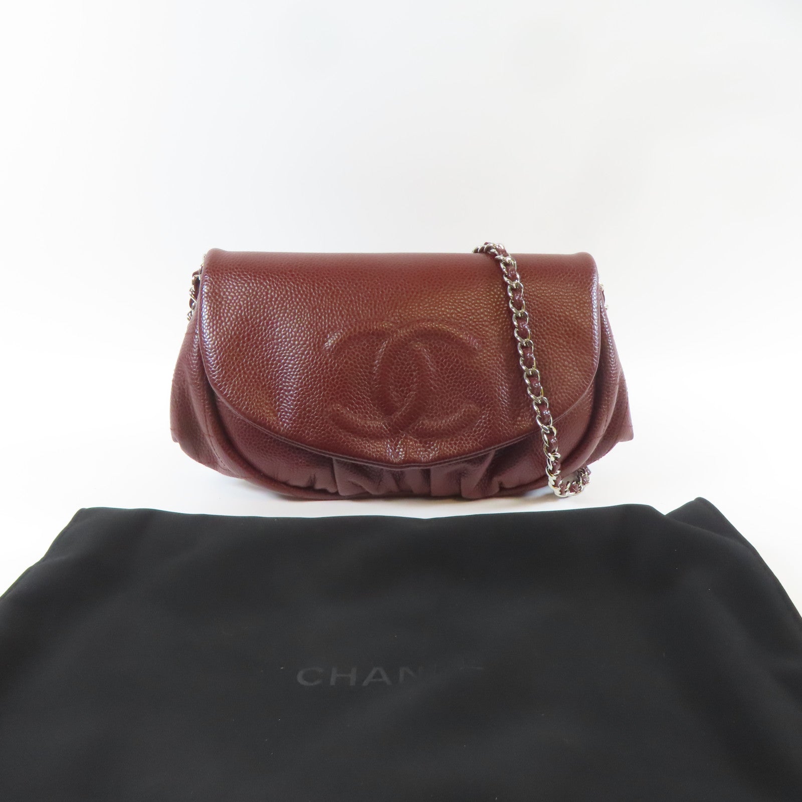 CHANEL 【激減優惠】Caviar皮革Chain Shoulder銀扣鏈帶肩背袋酒紅色