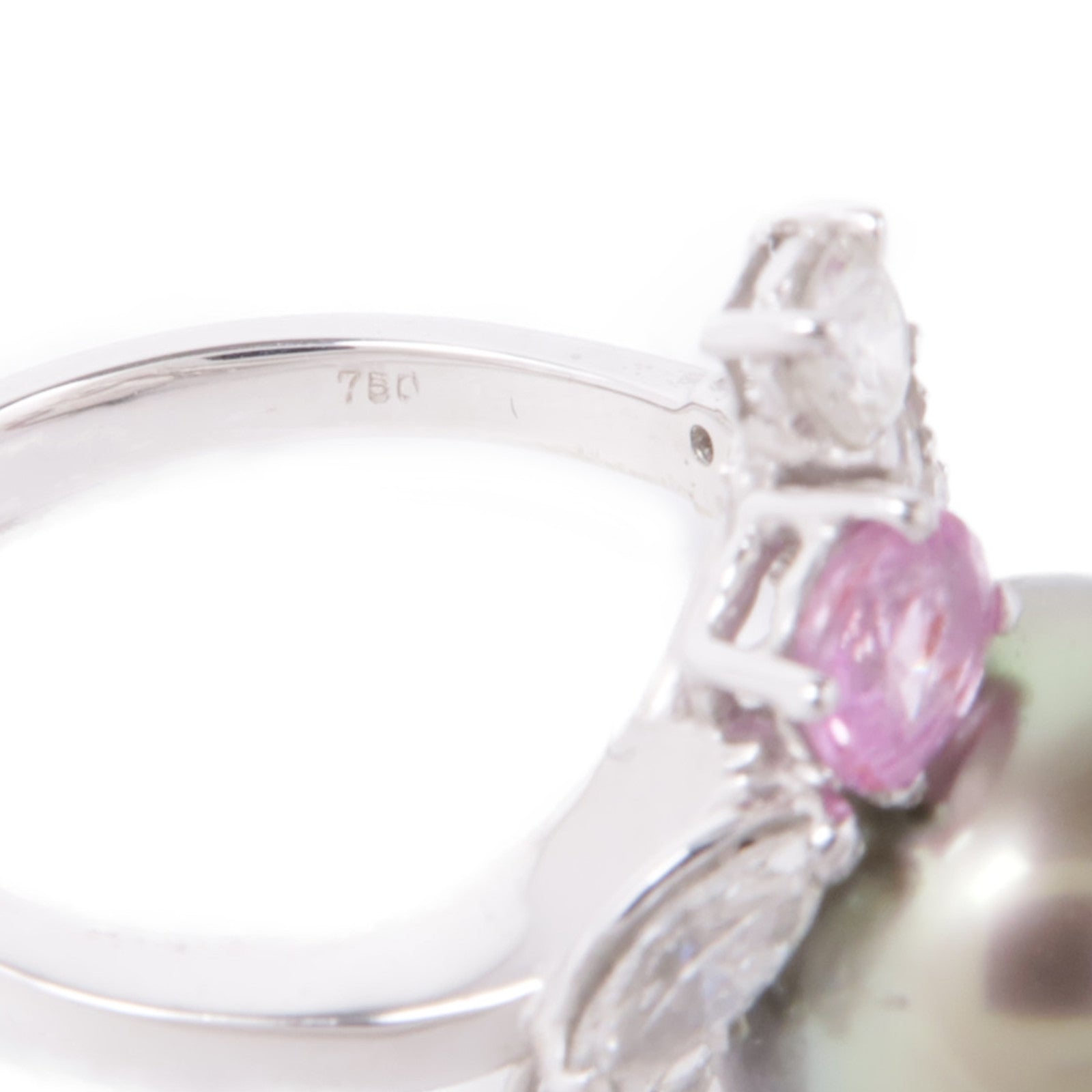 JEWELRY 18K白金Pearl/Diamond/Pink Sapphire Ring珍珠/鑽石/粉紅色藍寶石戒指#5.5