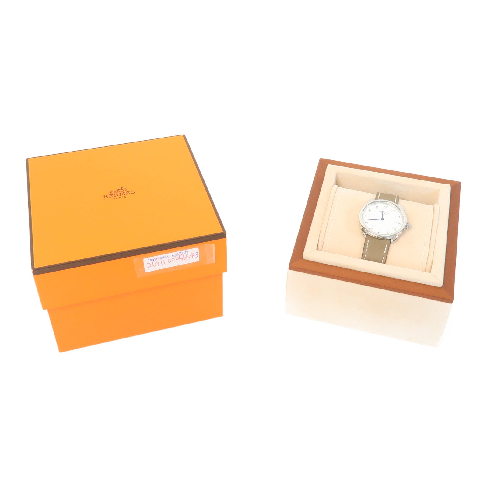 HERMES Arceau Watch不鏽鋼/皮革帶手錶石英機芯白色/Etoupe/灰色