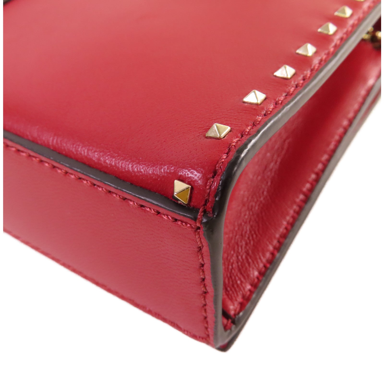 Valentino 牛皮皮革Mini Rockstud Chain Shoulder Bag金扣鏈帶肩背袋紅色