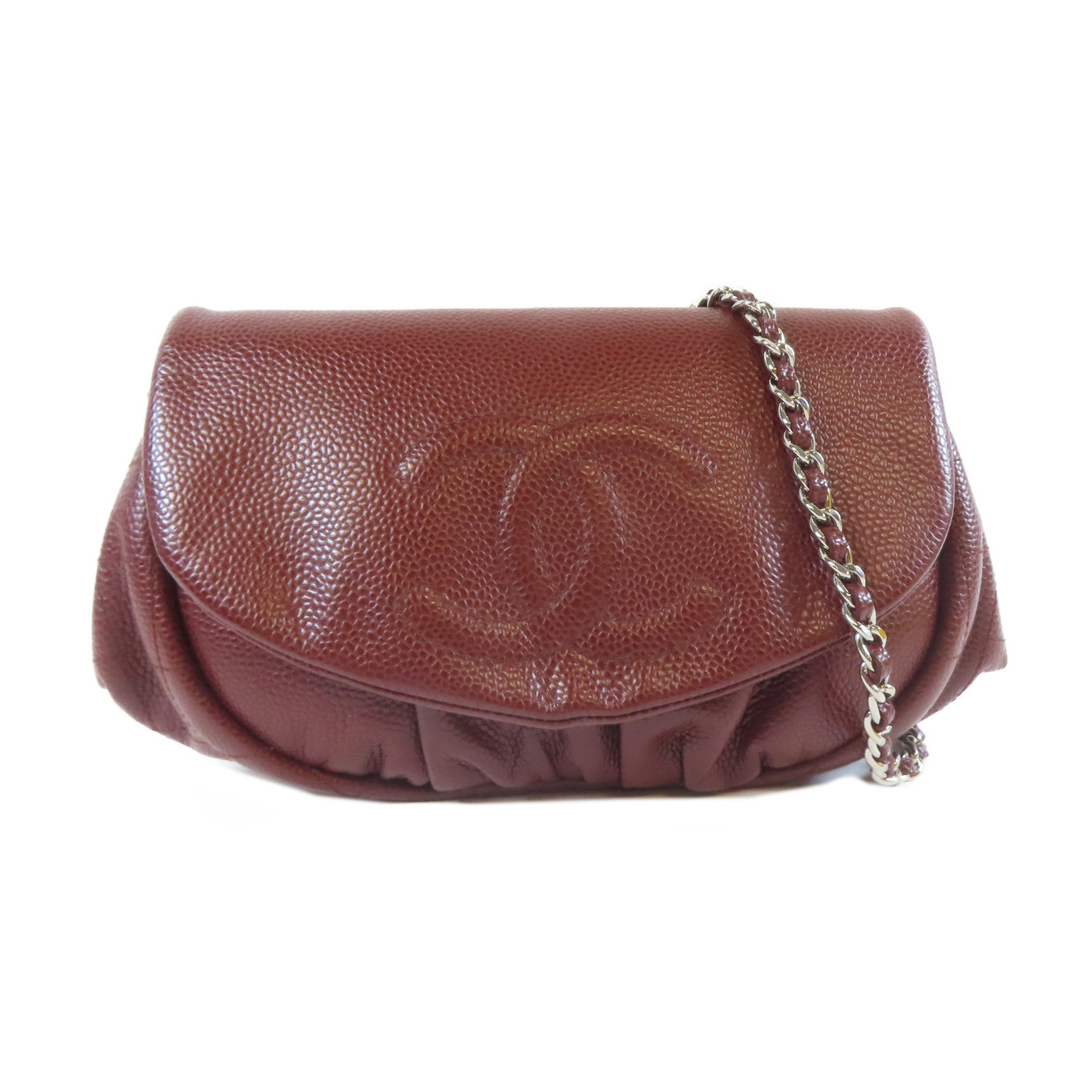 CHANEL 【激減優惠】Caviar皮革Chain Shoulder銀扣鏈帶肩背袋酒紅色