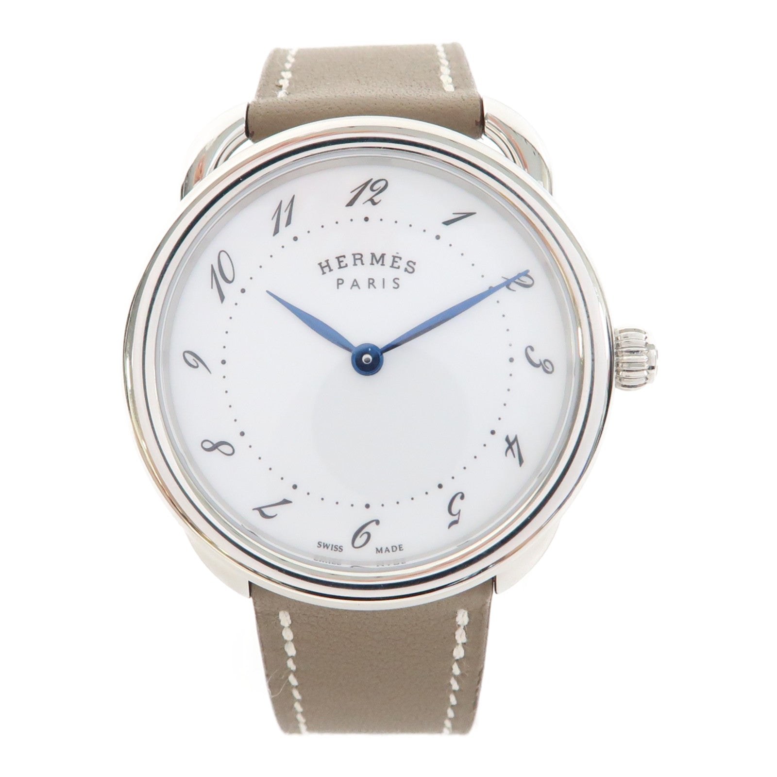 HERMES Arceau Watch不鏽鋼/皮革帶手錶石英機芯白色/Etoupe/灰色