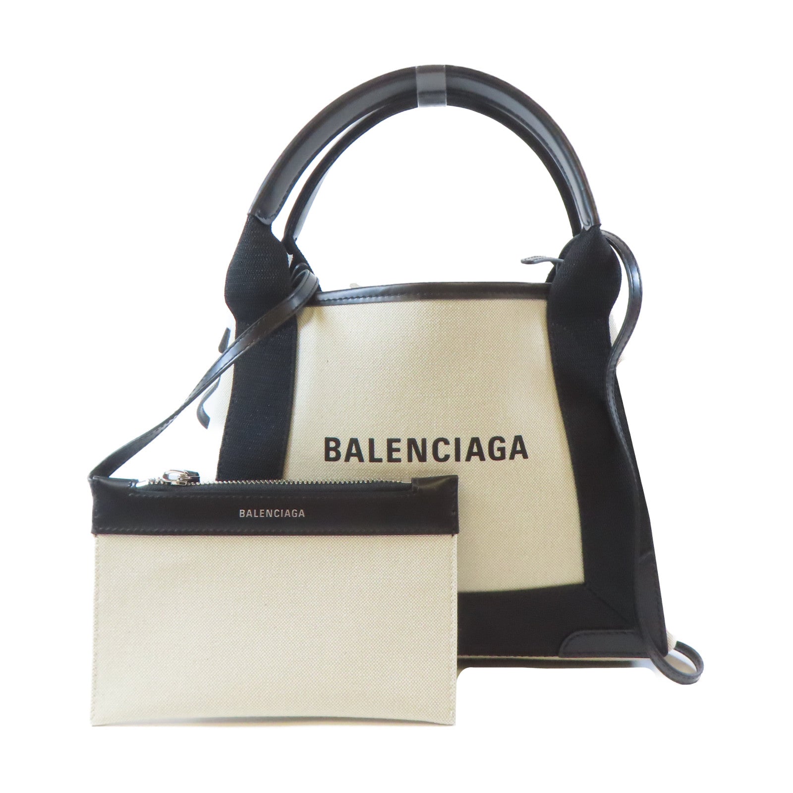 BALENCIAGA 帆布Navy XS Cabas 2 Way Shoulder Bag銀扣手挽肩背兩用袋米色/黑色