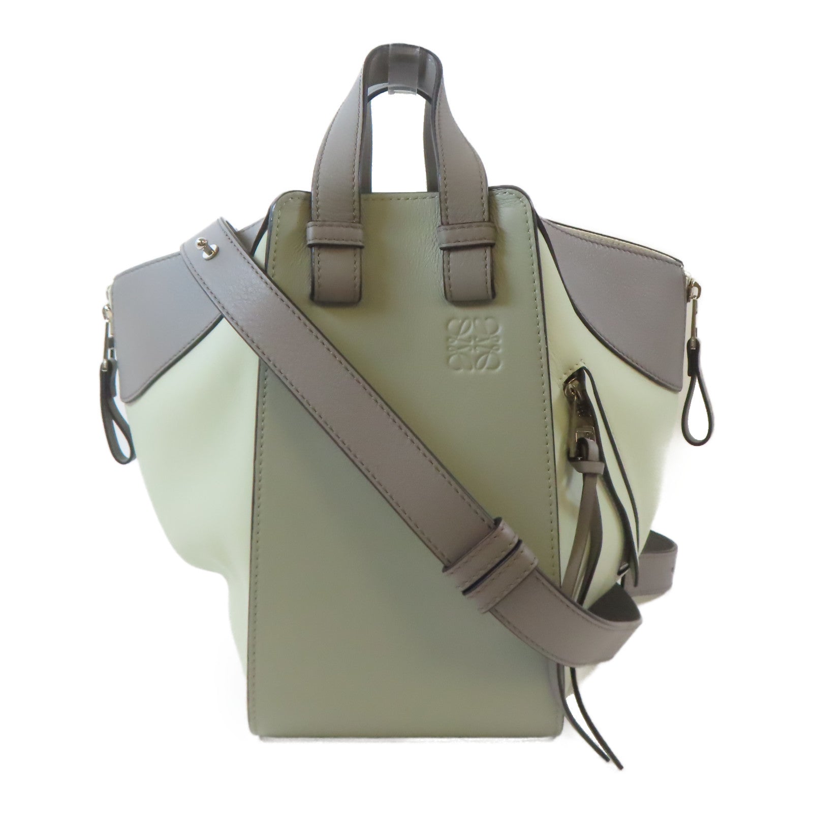 LOEWE 牛皮皮革Hammock Bag銀扣手挽肩背兩用袋灰色/淺綠色