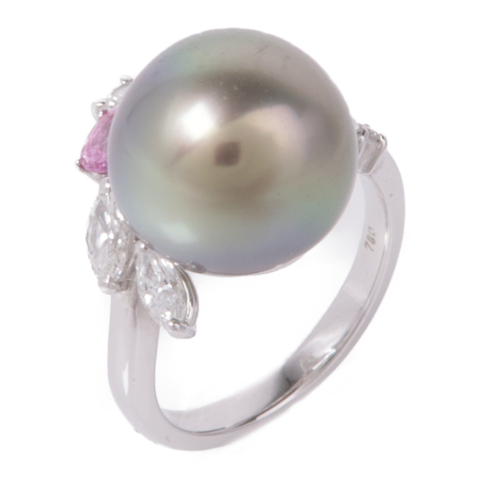 JEWELRY 18K白金Pearl/Diamond/Pink Sapphire Ring珍珠/鑽石/粉紅色藍寶石戒指#5.5