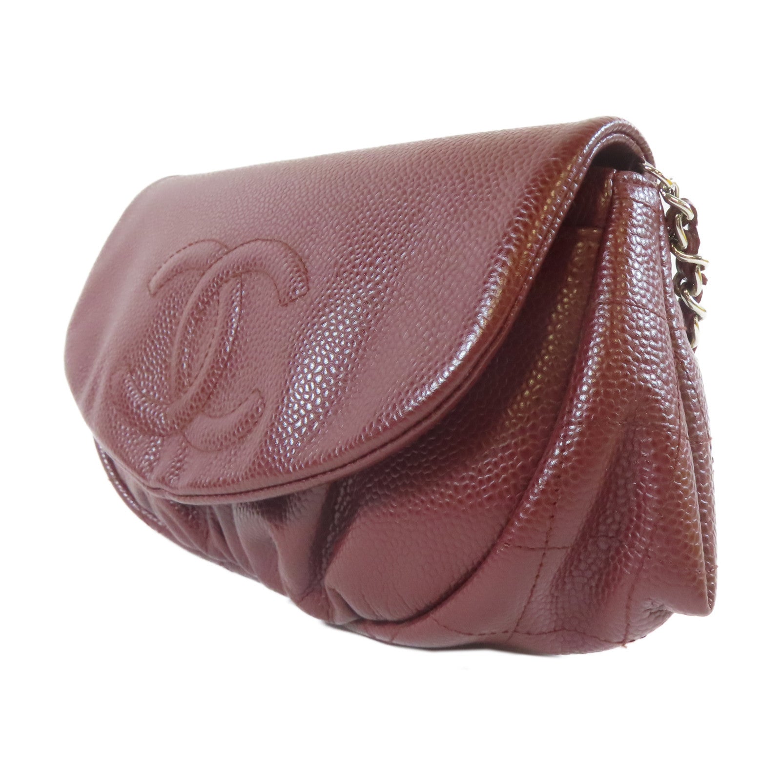 CHANEL 【激減優惠】Caviar皮革Chain Shoulder銀扣鏈帶肩背袋酒紅色