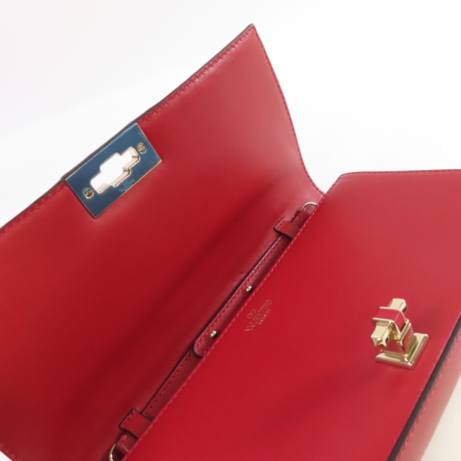 Valentino 牛皮皮革Mini Rockstud Chain Shoulder Bag金扣鏈帶肩背袋紅色