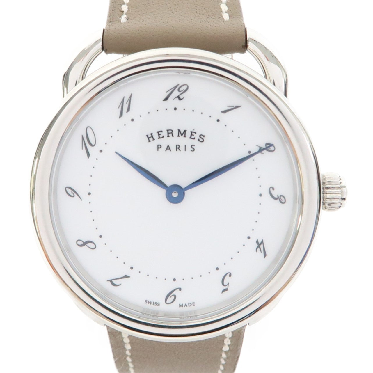 HERMES Arceau Watch不鏽鋼/皮革帶手錶石英機芯白色/Etoupe/灰色