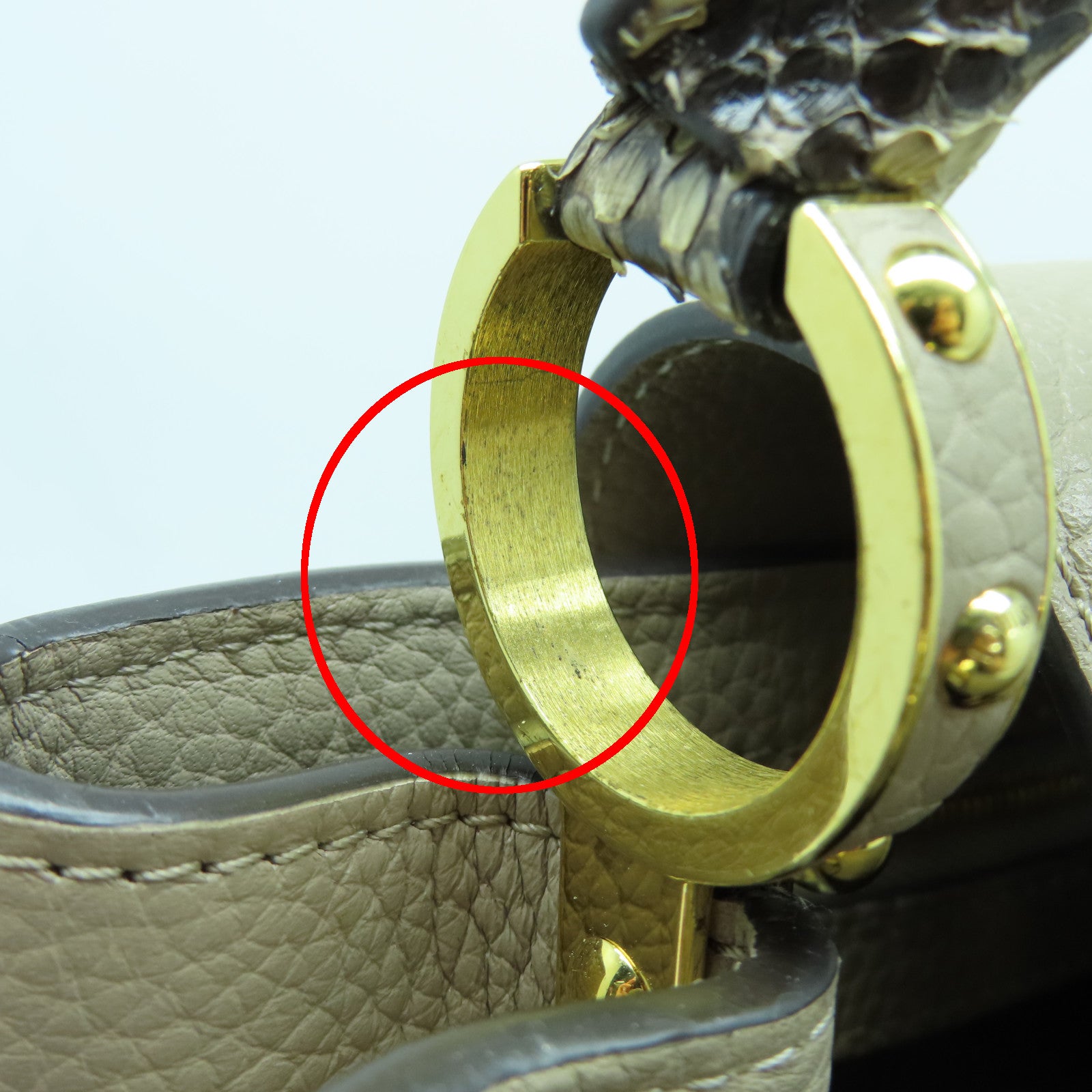 LOUIS VUITTON 牛皮皮革/蛇皮皮革Capucines MM金扣手挽肩背两用袋灰褐色