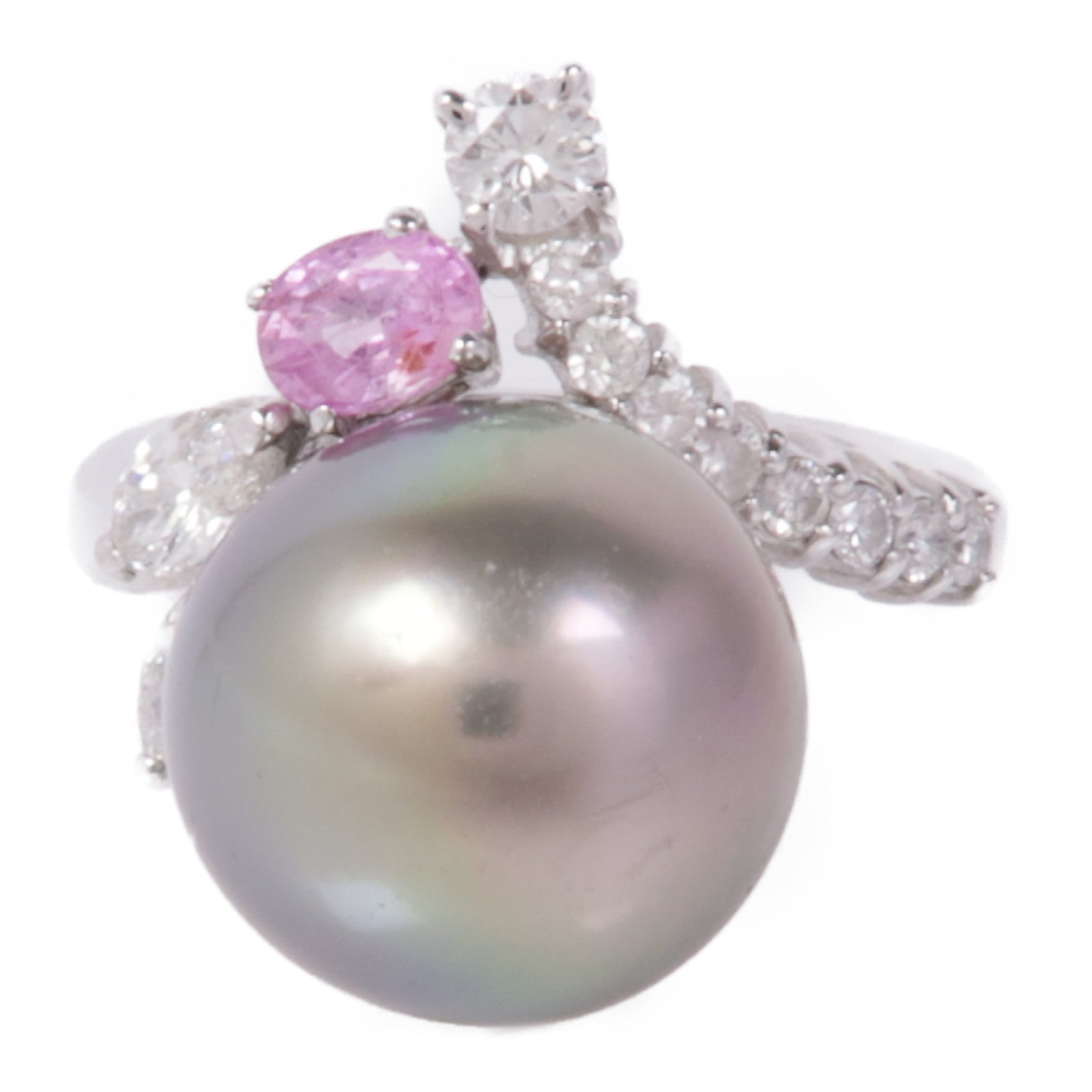 JEWELRY 【激減優惠】18K白金Pearl/Diamond/Pink Sapphire Ring珍珠/鑽石/粉紅色藍寶石戒指#5.5