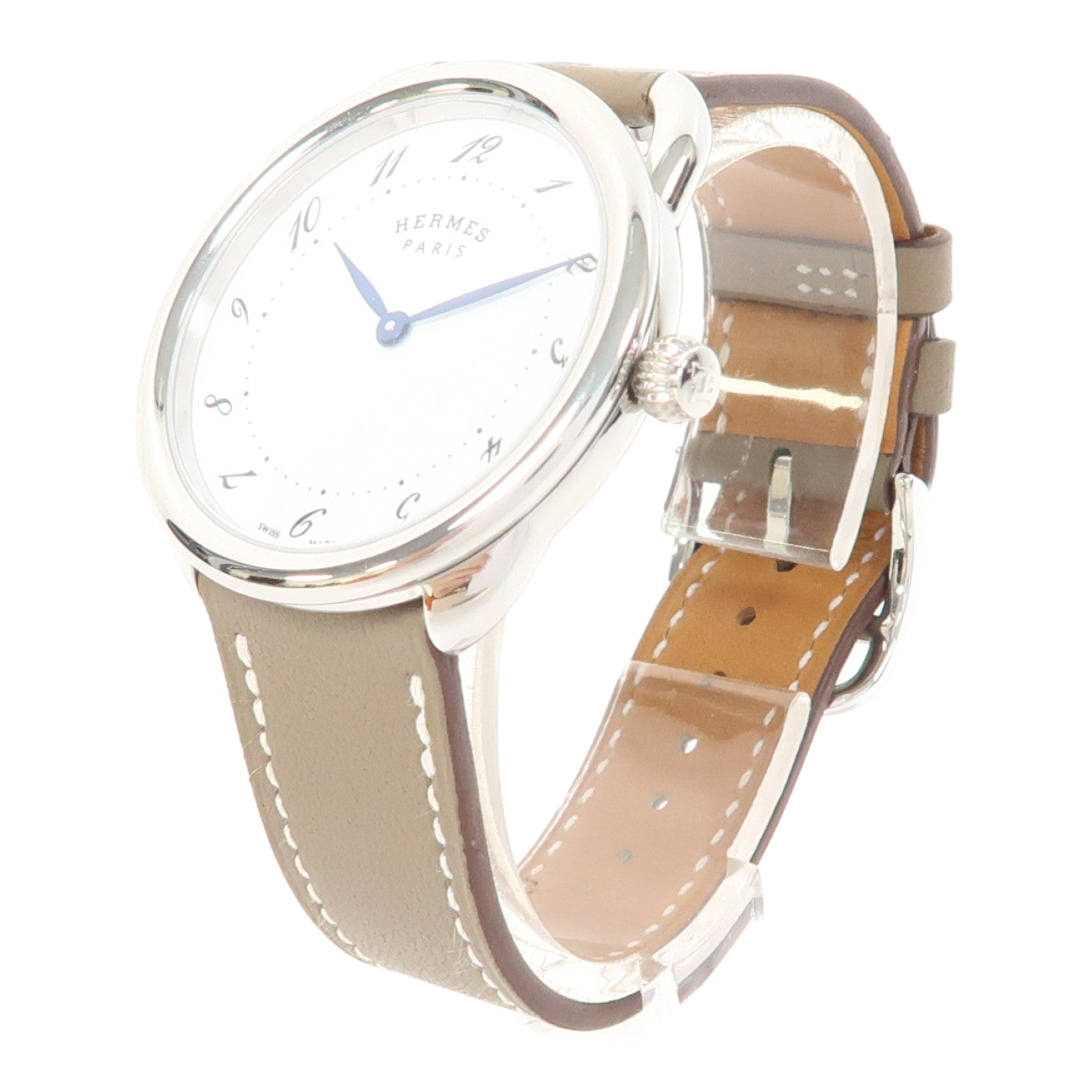 HERMES Arceau Watch不鏽鋼/皮革帶手錶石英機芯白色/Etoupe/灰色
