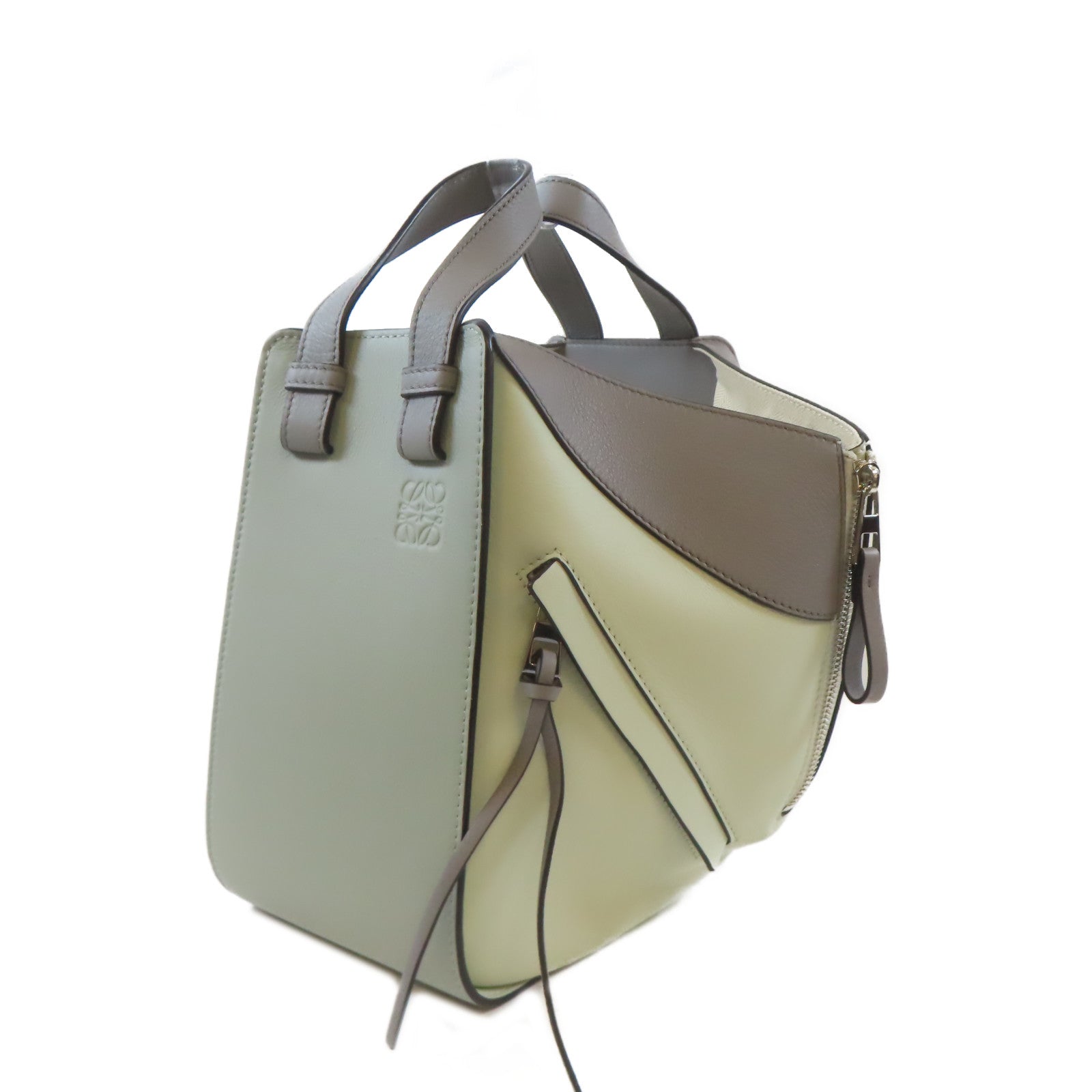 LOEWE 牛皮皮革Hammock Bag銀扣手挽肩背兩用袋灰色/淺綠色