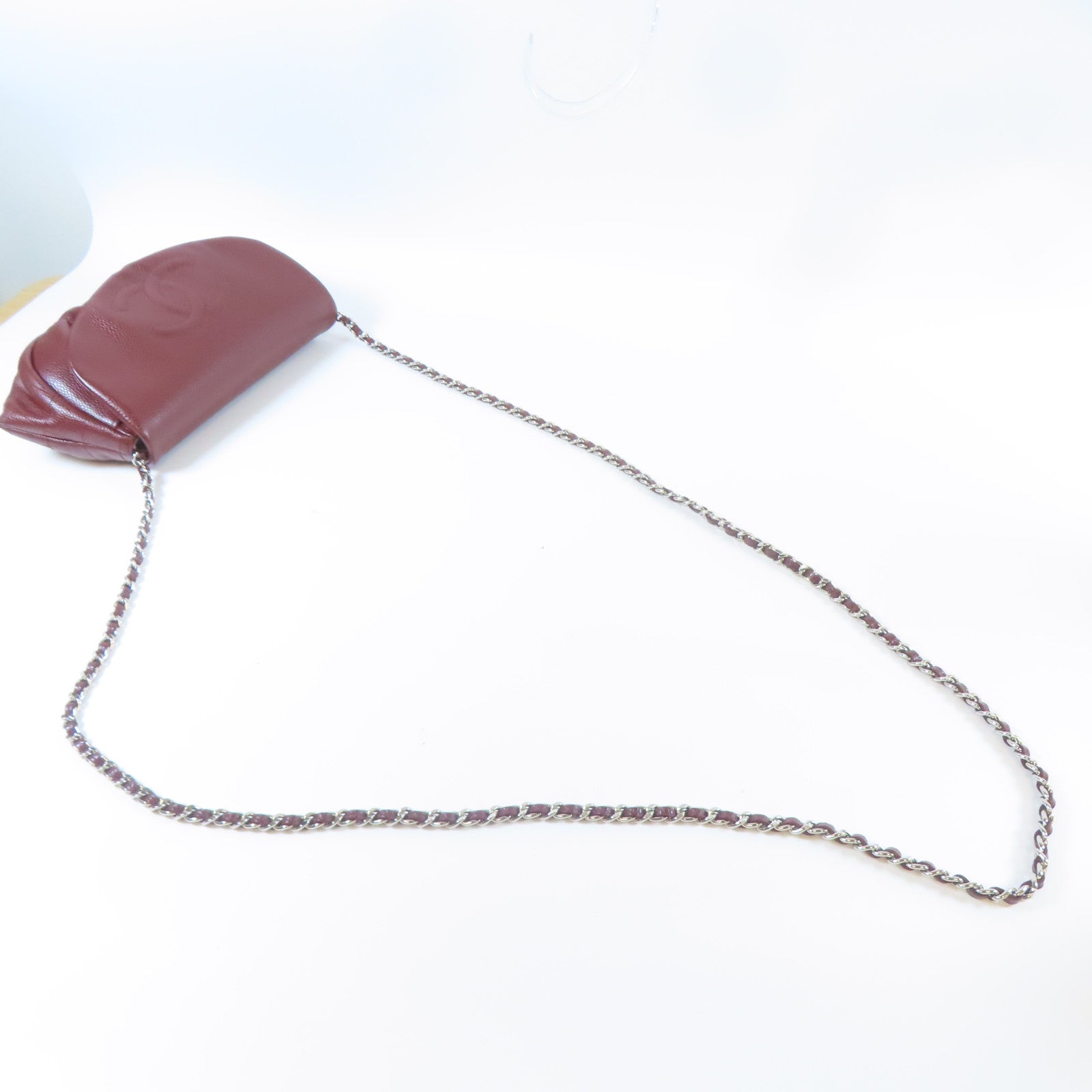 CHANEL 【激減優惠】Caviar皮革Chain Shoulder銀扣鏈帶肩背袋酒紅色