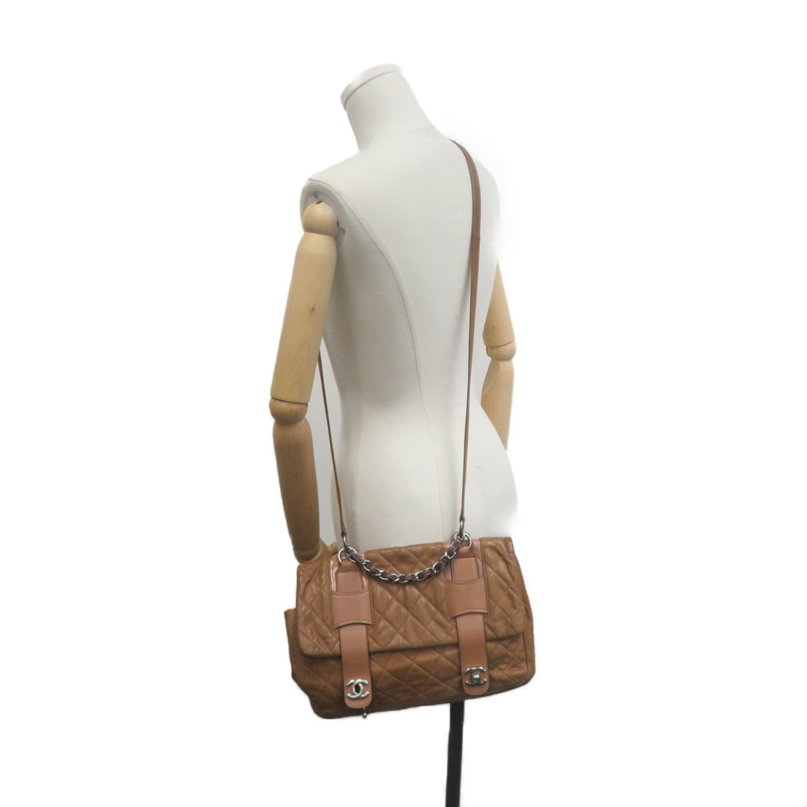CHANEL rhombic cowhide leather Shoulder Bag silver buckle chain belt handle shoulder bag brown