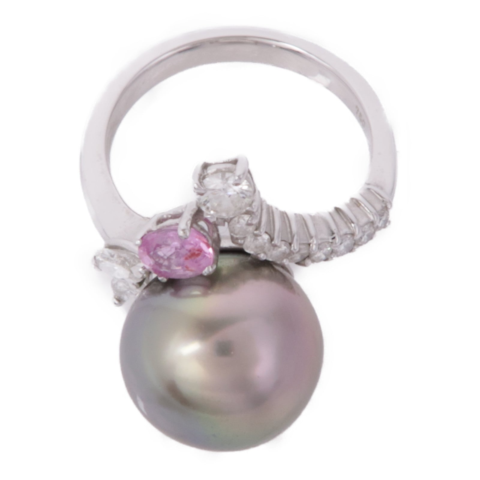 JEWELRY 18K白金Pearl/Diamond/Pink Sapphire Ring珍珠/鑽石/粉紅色藍寶石戒指#5.5