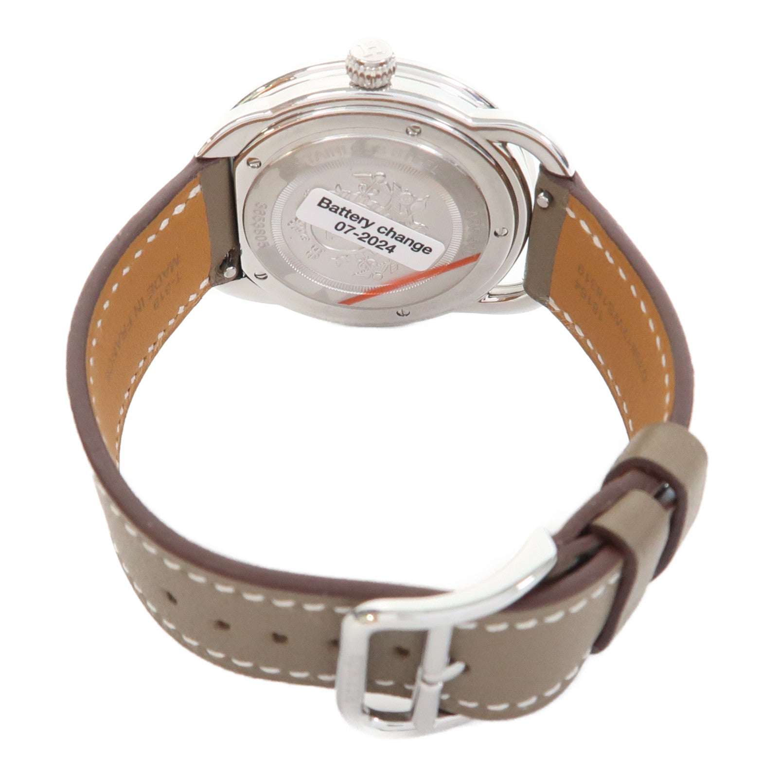 HERMES Arceau Watch不鏽鋼/皮革帶手錶石英機芯白色/Etoupe/灰色
