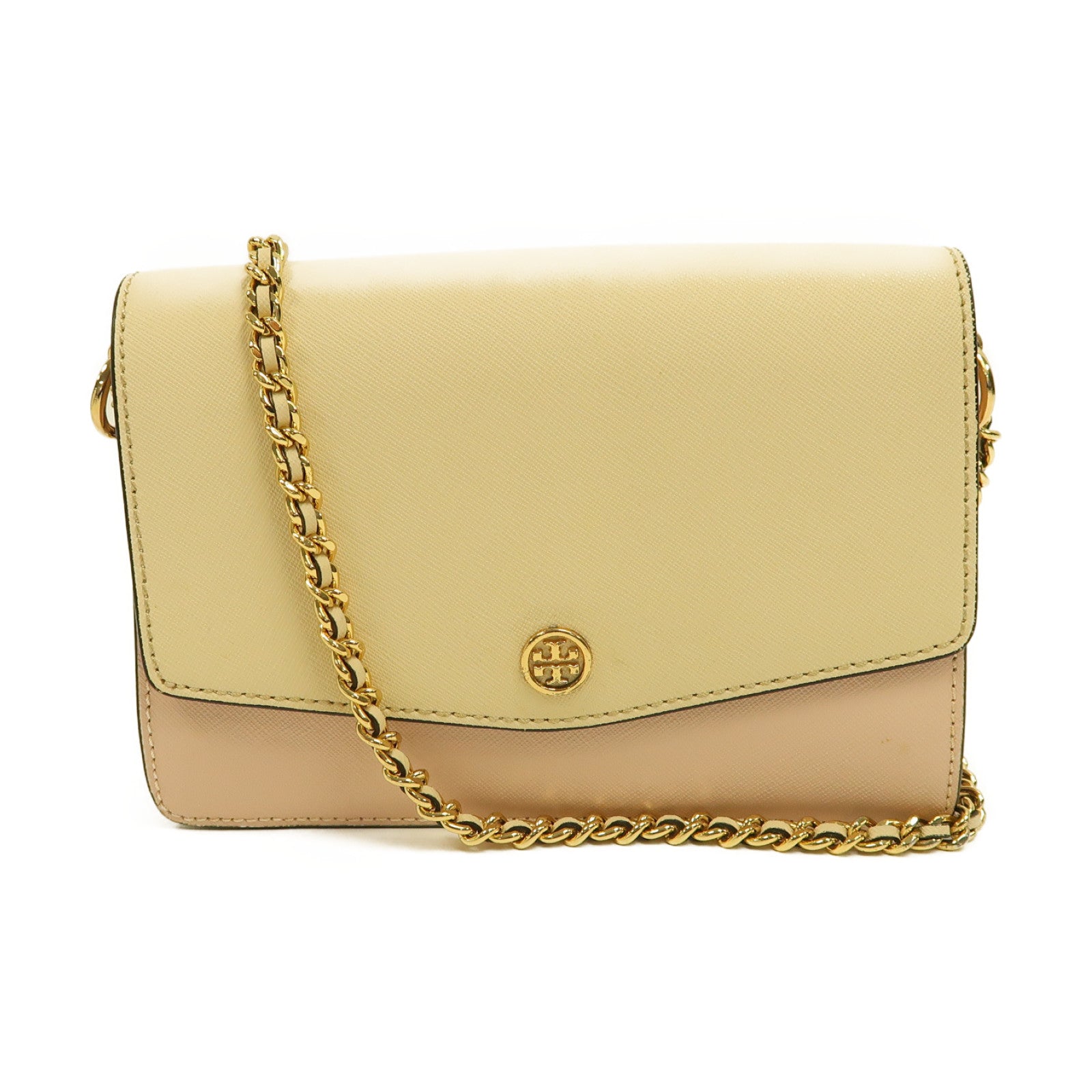 Tory Burch 【激減優惠】牛皮皮革Chain Shoulder金扣鏈帶肩背袋米色/粉紅色